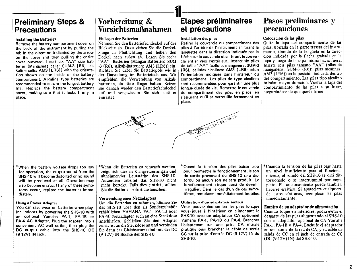 Preliminary steps & precautions, Vorbereitung & vorsichtsmaßnahmen, Etapes préliminaires et précautions | Pasos preliminares y precauciones | Yamaha SHS-10 User Manual | Page 3 / 40