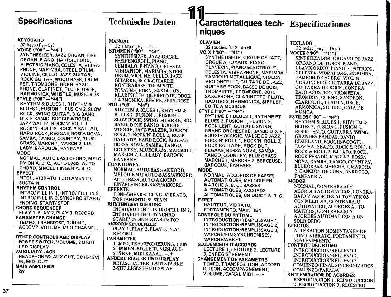 Specifications, Technische daten, Caractéristiques techniques | Especificaciones, Caractéristiques tech­ niques | Yamaha SHS-10 User Manual | Page 38 / 40