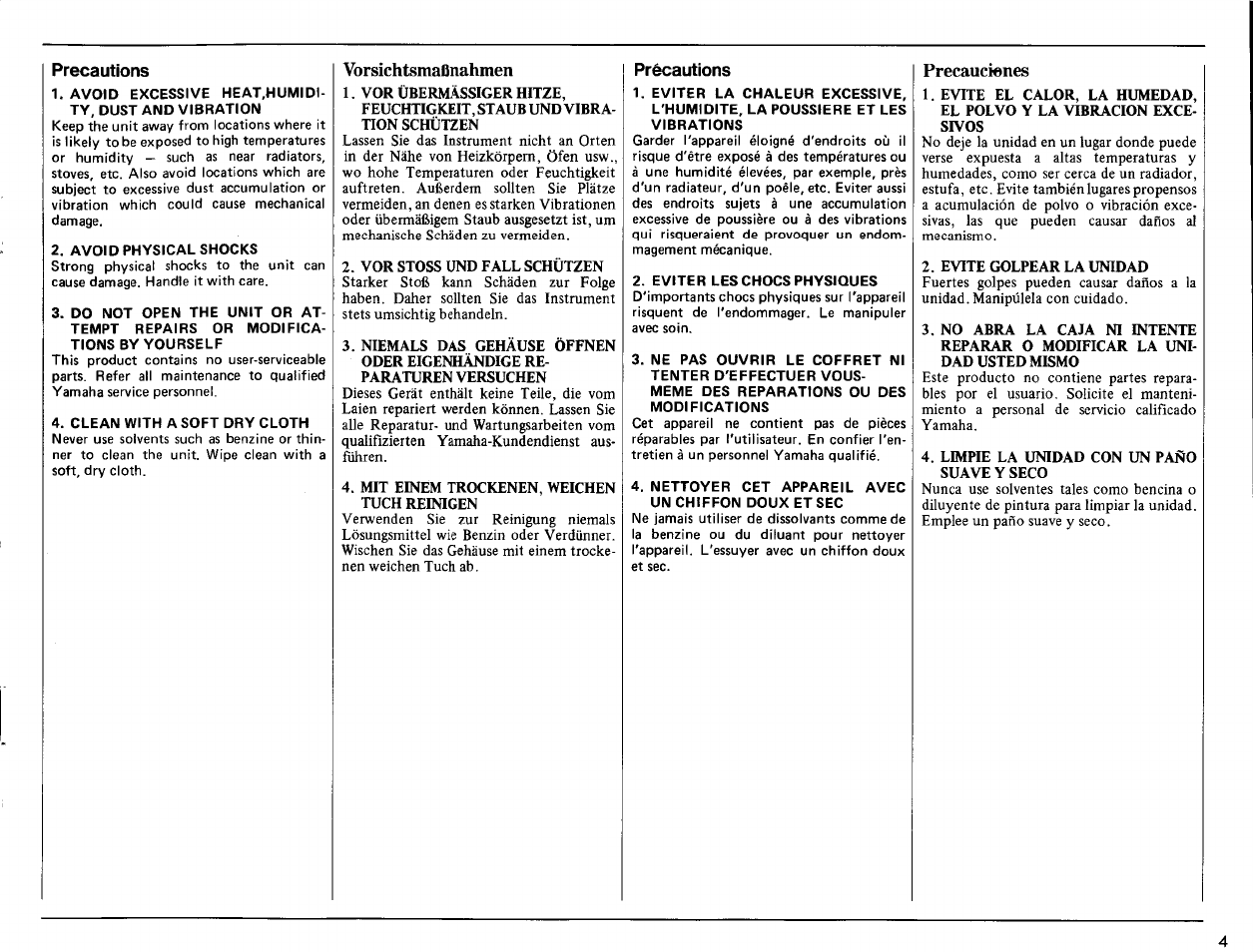 Precautions, Vorsichtsmaßnahmen, Précautions | Precauciones | Yamaha SHS-10 User Manual | Page 5 / 40