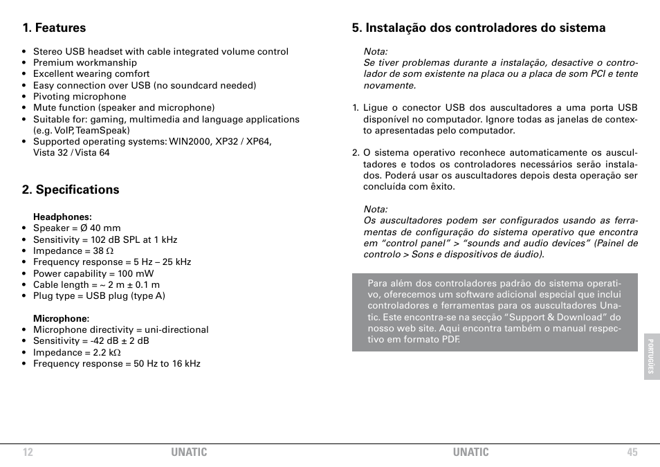 Features, Specifications, Instalação dos controladores do sistema | SHARKOON Unatic User Manual | Page 12 / 28