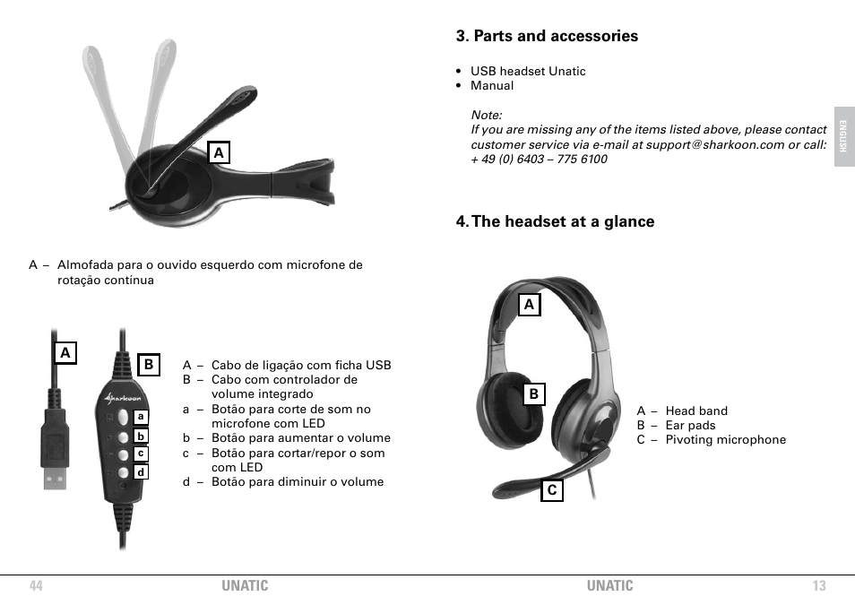 Parts and accessories, The headset at a glance | SHARKOON Unatic User Manual | Page 13 / 28