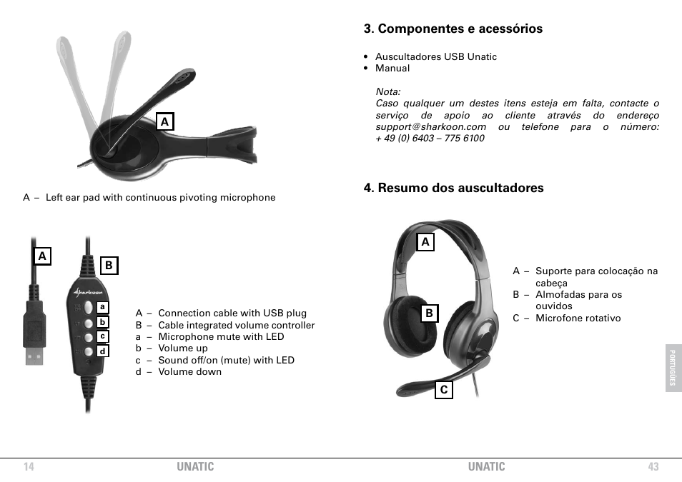 Componentes e acessórios, Resumo dos auscultadores | SHARKOON Unatic User Manual | Page 14 / 28