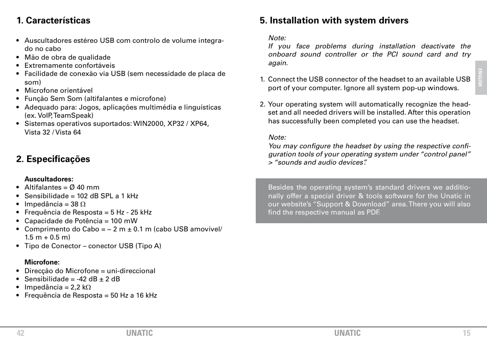 Installation with system drivers, Características, Especificações | SHARKOON Unatic User Manual | Page 15 / 28