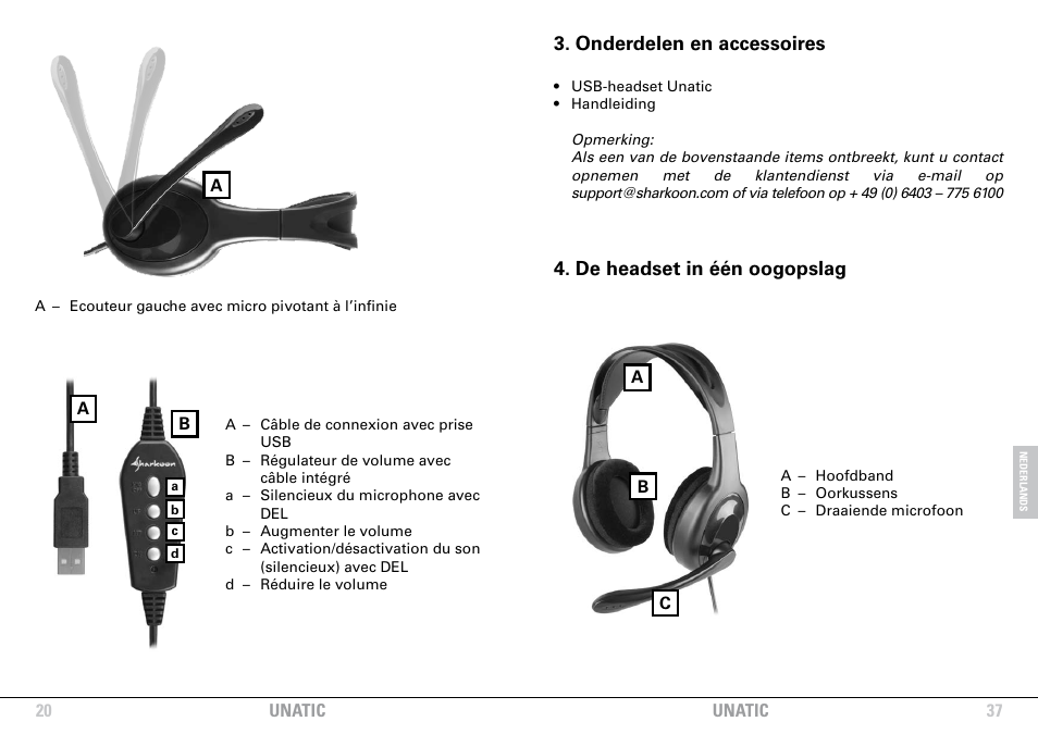 Onderdelen en accessoires, De headset in één oogopslag | SHARKOON Unatic User Manual | Page 20 / 28