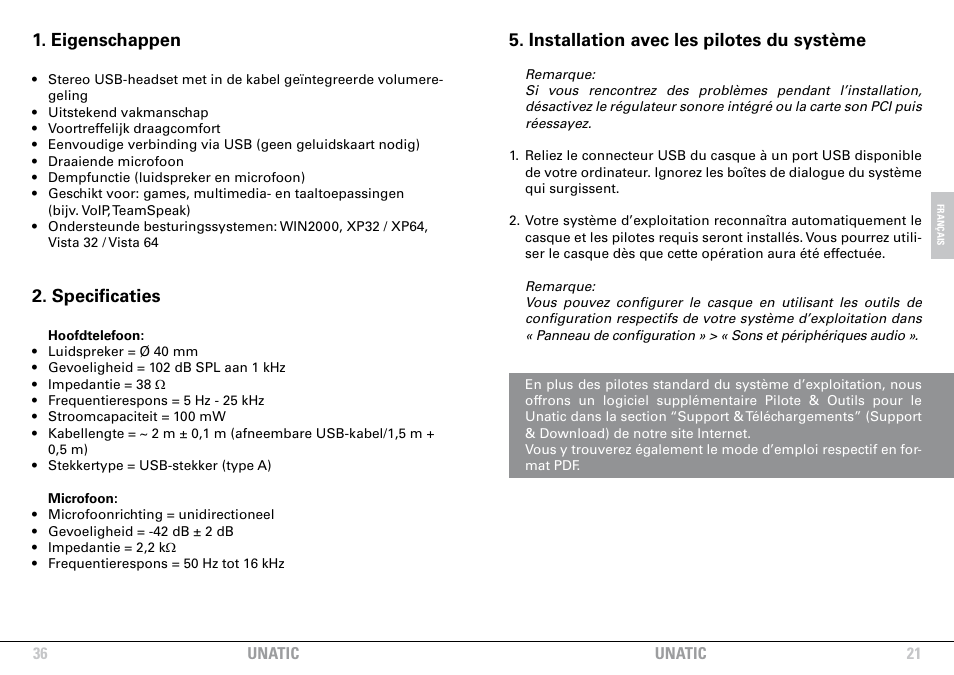 Installation avec les pilotes du système, Eigenschappen, Specificaties | SHARKOON Unatic User Manual | Page 21 / 28