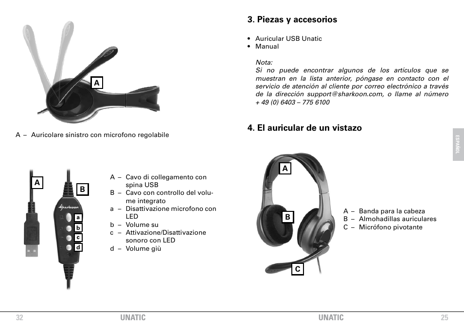 Piezas y accesorios, El auricular de un vistazo | SHARKOON Unatic User Manual | Page 25 / 28