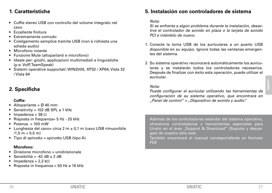 Instalación con controladores de sistema, Caratteristiche, Specifiche | SHARKOON Unatic User Manual | Page 27 / 28