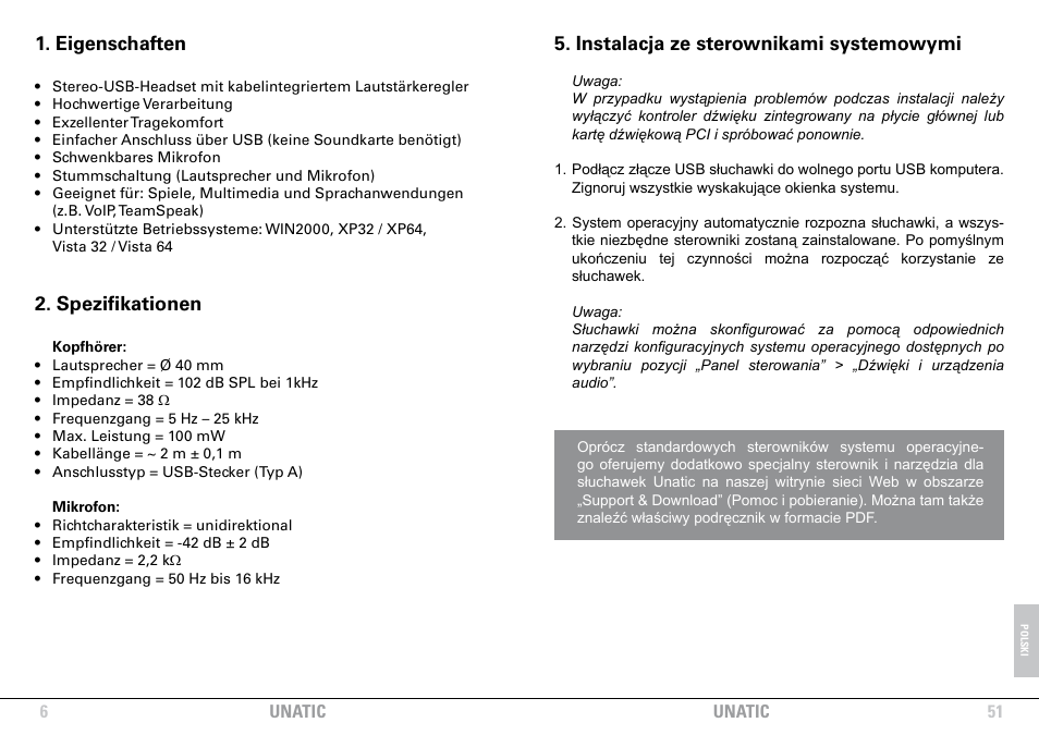 Eigenschaften, Spezifikationen, Instalacja ze sterownikami systemowymi | SHARKOON Unatic User Manual | Page 6 / 28