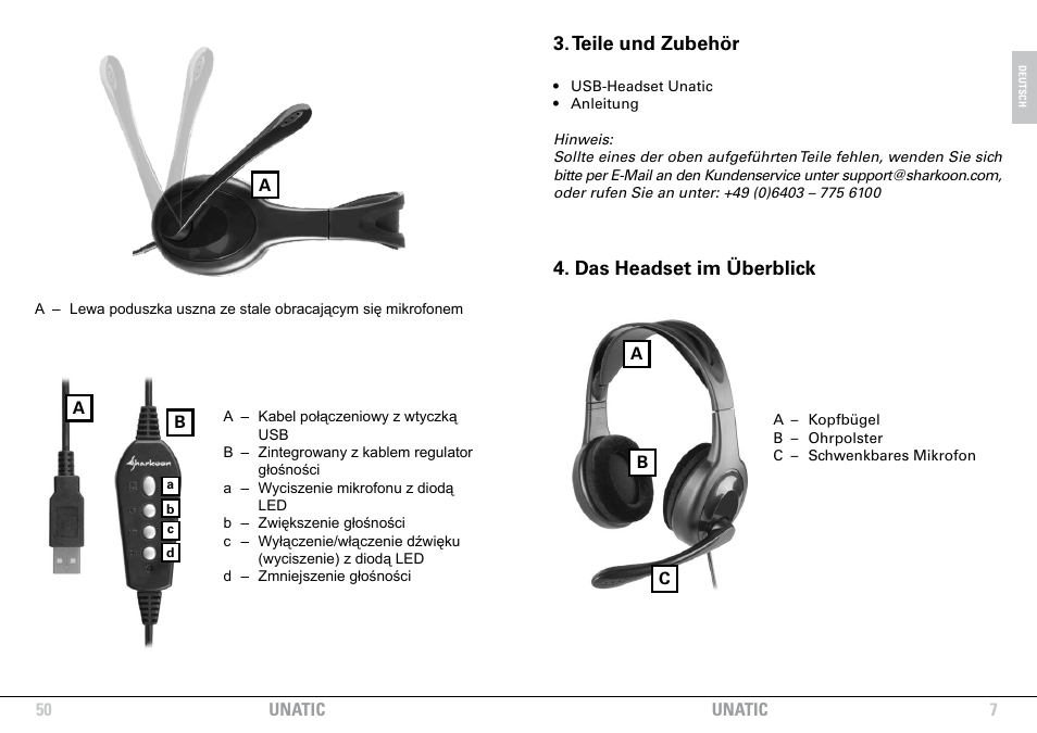 Teile und zubehör, Das headset im überblick | SHARKOON Unatic User Manual | Page 7 / 28