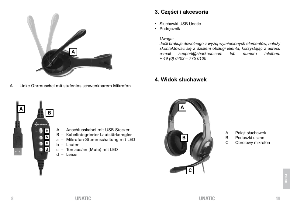 Części i akcesoria, Widok słuchawek | SHARKOON Unatic User Manual | Page 8 / 28