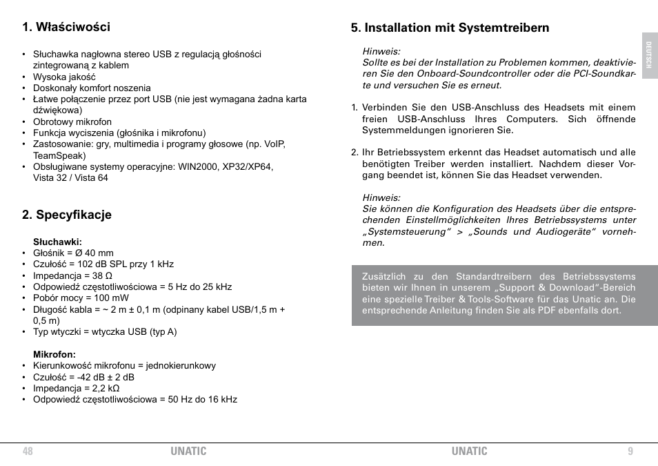 Installation mit systemtreibern, Właściwości, Specyfikacje | SHARKOON Unatic User Manual | Page 9 / 28