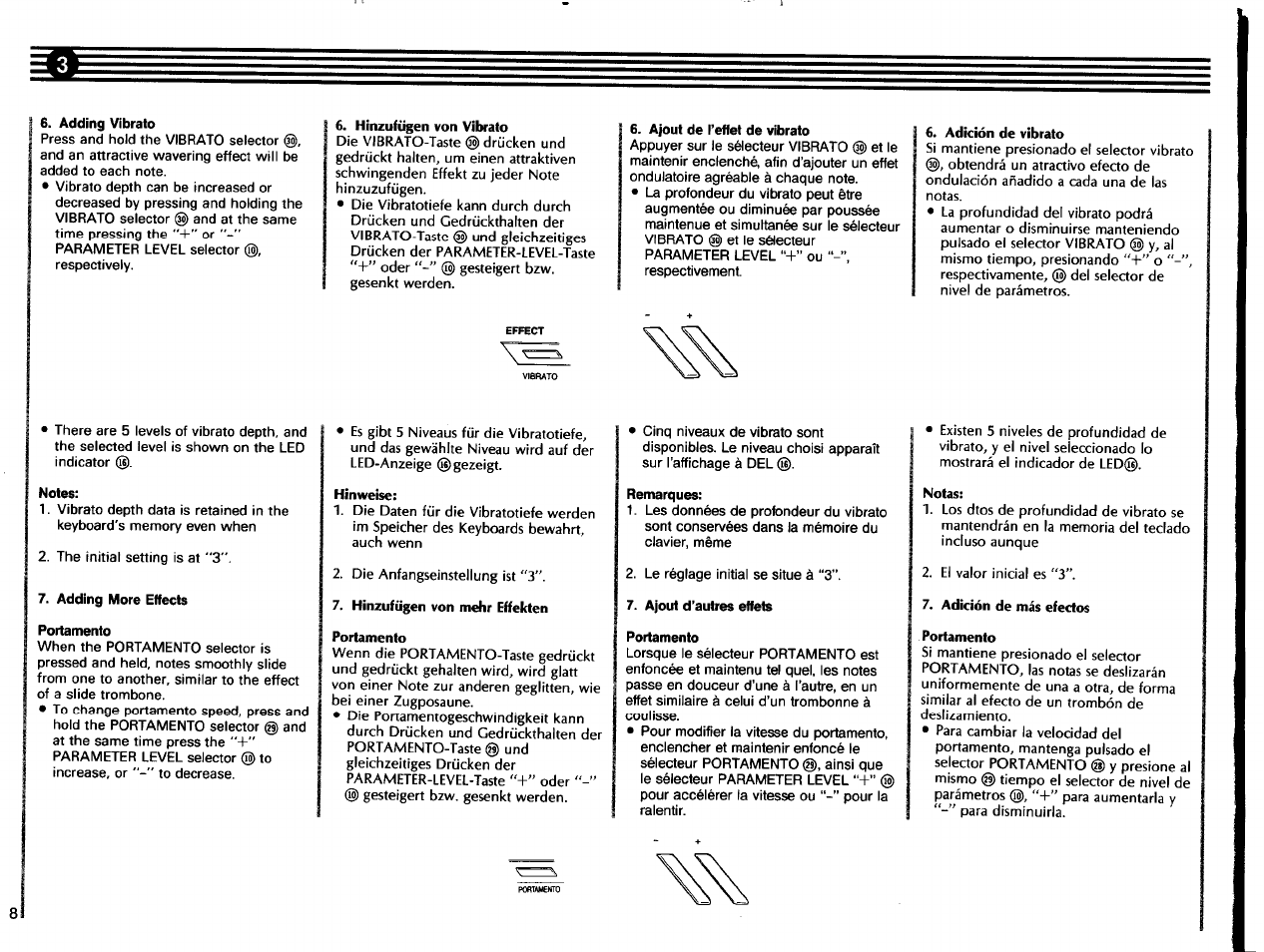 Adding vibrato, Notes, Adding more effects portamento | Hinzufügen von vibrato, Ajout de l’effet de vibrato, Adición de vibrato | Yamaha SHS-200 User Manual | Page 10 / 40