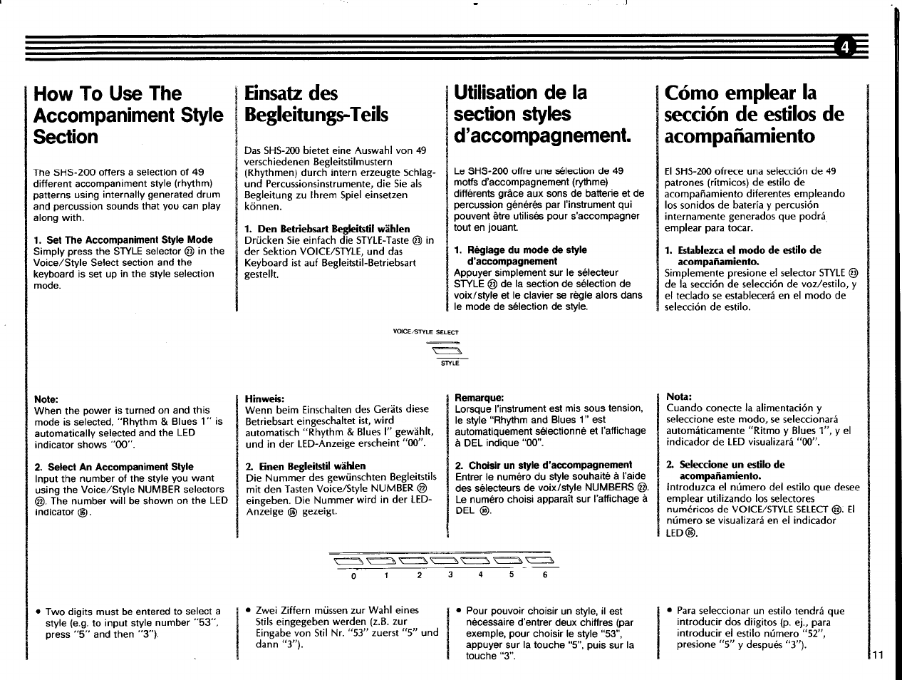 Set the accompaniment style mode, Note, Select an accompaniment style | Den betriebsart begleitstil wählen, Réglage du mode de style d’accompagnement, Hinweis, Einen begleitstil wählen, Remarque, Choisir un style d’accompagnement, Establezca el modo de estilo de acompañamiento | Yamaha SHS-200 User Manual | Page 13 / 40
