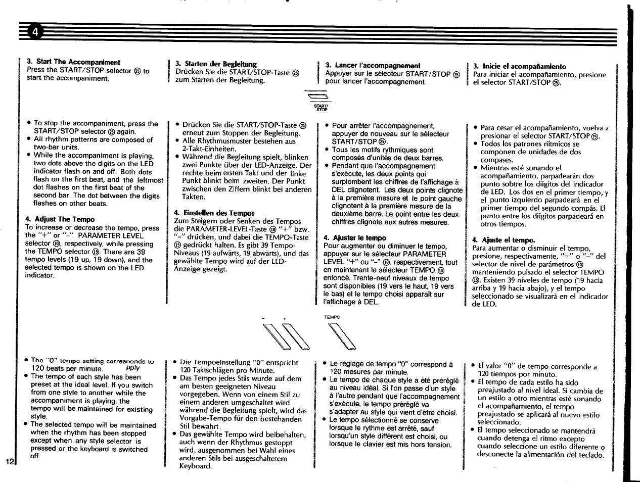 Start the accompaniment, Adjust the tempo, Starten der begleitung | Lancer l’accompagnement, Einstellen des tempos, Ajuster le tempo, Inicie el acompañamiento, Ajuste el tempo | Yamaha SHS-200 User Manual | Page 14 / 40