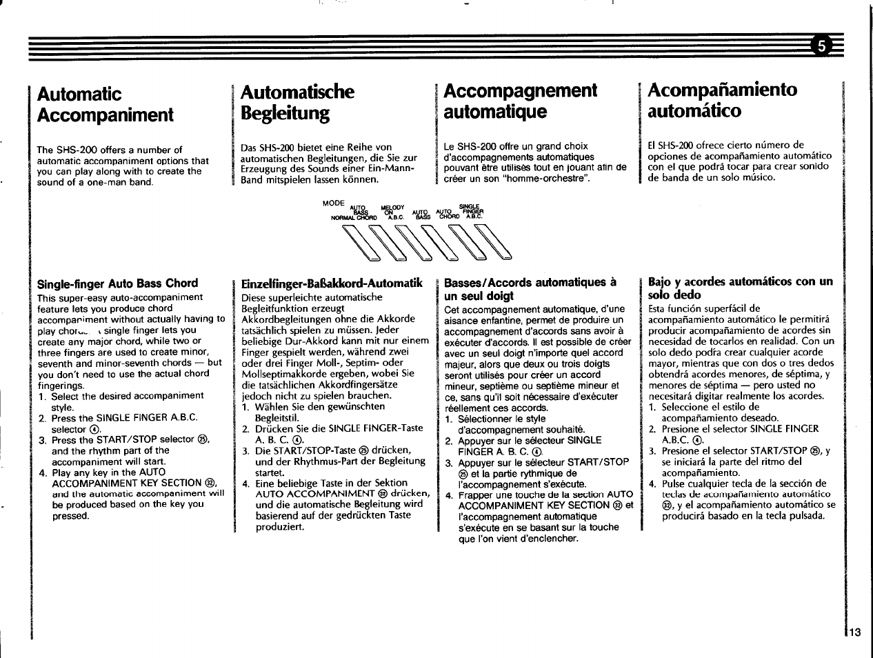 Emzelfinger-baßakkord-automatik, Basses/accords automatiques à un seul doigt, Bajo y acordes automáticos con un solo dedo | Automatic accompaniment, Accompagnement automatique, Automatische begleitung, Acompañamiento automático | Yamaha SHS-200 User Manual | Page 15 / 40