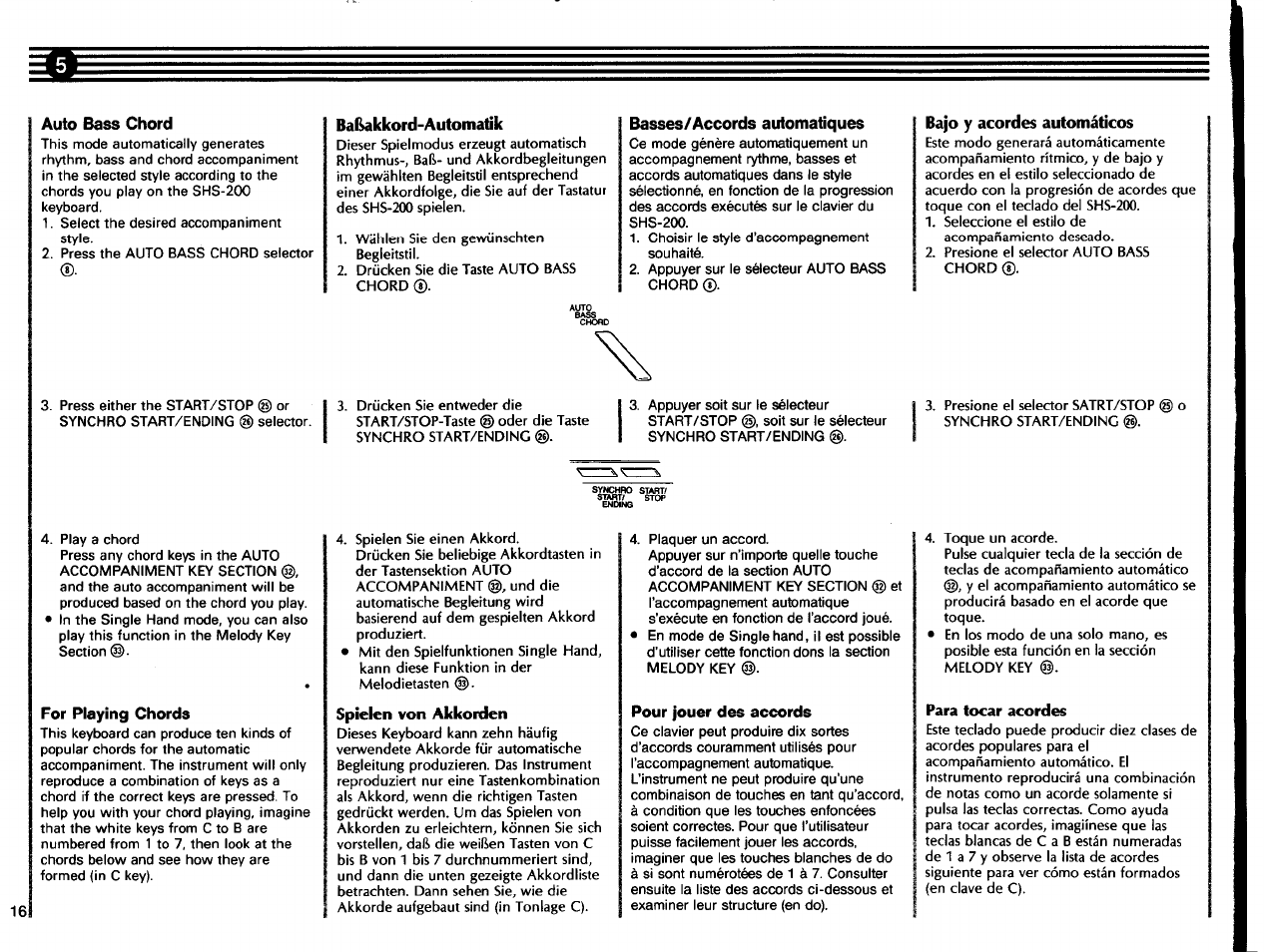 Auto bass chord, For playing chords, Baßalckord-automatik | Spielen von akkorden, Basses/accords automatiques, Pour jouer des accords, Bajo y acordes automáticos, Para tocar acordes | Yamaha SHS-200 User Manual | Page 18 / 40