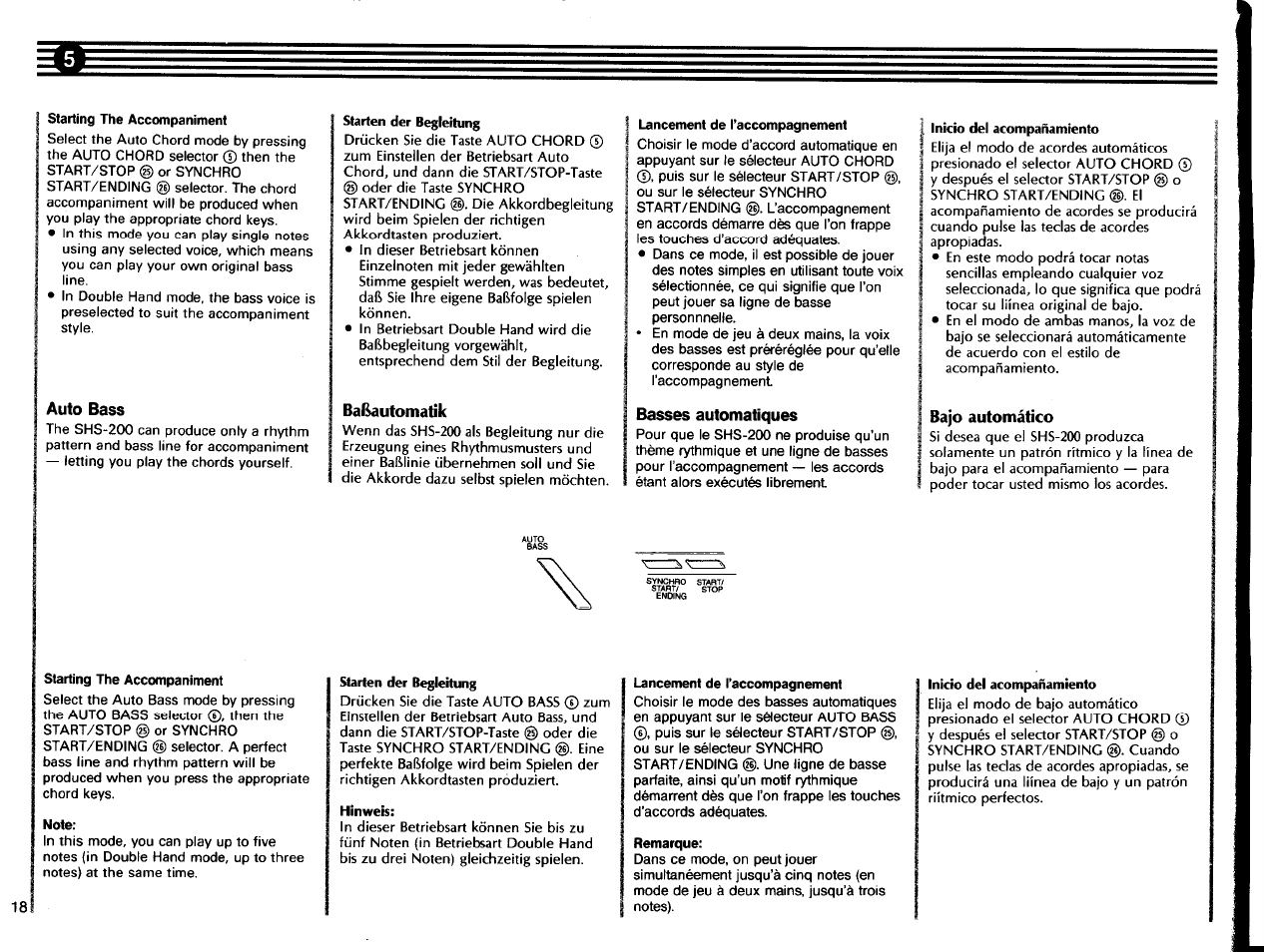 Starting the accompaniment, Auto bass, Note | Starten der begleitung, Babautomatik, Hinweis, Lancement de l’accompagnement, Basses automatiques, Remarque, Inicio del acompañamiento | Yamaha SHS-200 User Manual | Page 20 / 40