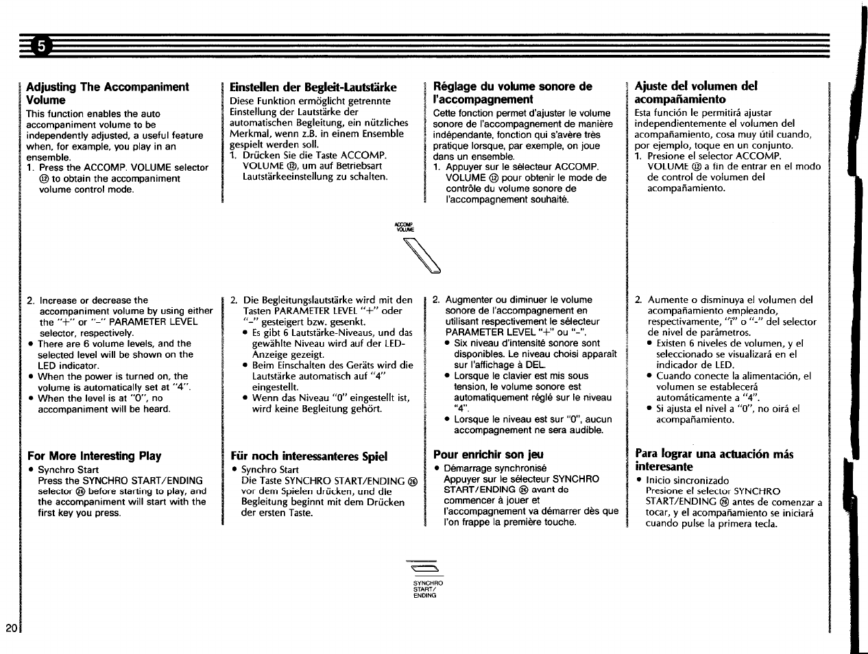 Adjusting the accompaniment voiume, Einstellen der begleit-lautstarke, Réglage du volume sonore de taccompagnement | Pour enrichir son jeu, Ajuste del volumen del acompañamiento, Para lograr una actuación más interesante | Yamaha SHS-200 User Manual | Page 22 / 40