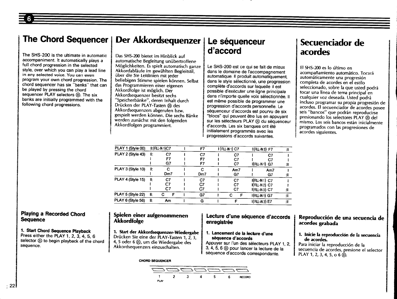 Playing a recorded chord sequence, Start chord sequence playback, Spielen einer aufgenommenen akkordfolge | Start der akkordsequenzer-wiedergabe, Lecture d’une séquence d’accords enregistrée, Lancement de la lecture d’une séquence d’accords, Reproducción de una secuencia de acordes grabada, Inicie la reproducción de la secuencia de acordes, The chord sequencer, Der akkordsequenzer | Yamaha SHS-200 User Manual | Page 24 / 40
