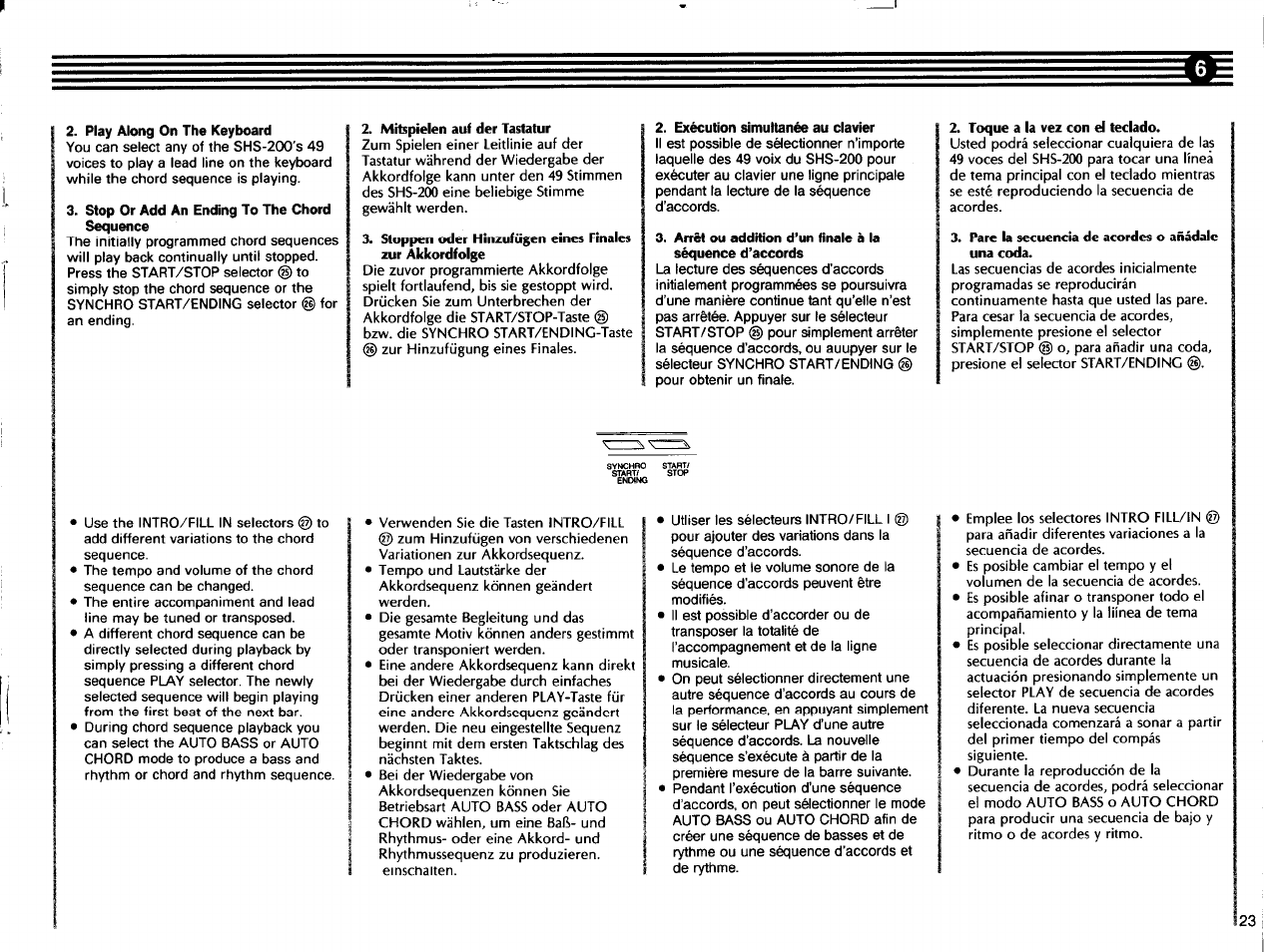Play along on the keyboard, Stop or add an ending to the chord sequence, Exécution simultanée au clavier | Yamaha SHS-200 User Manual | Page 25 / 40