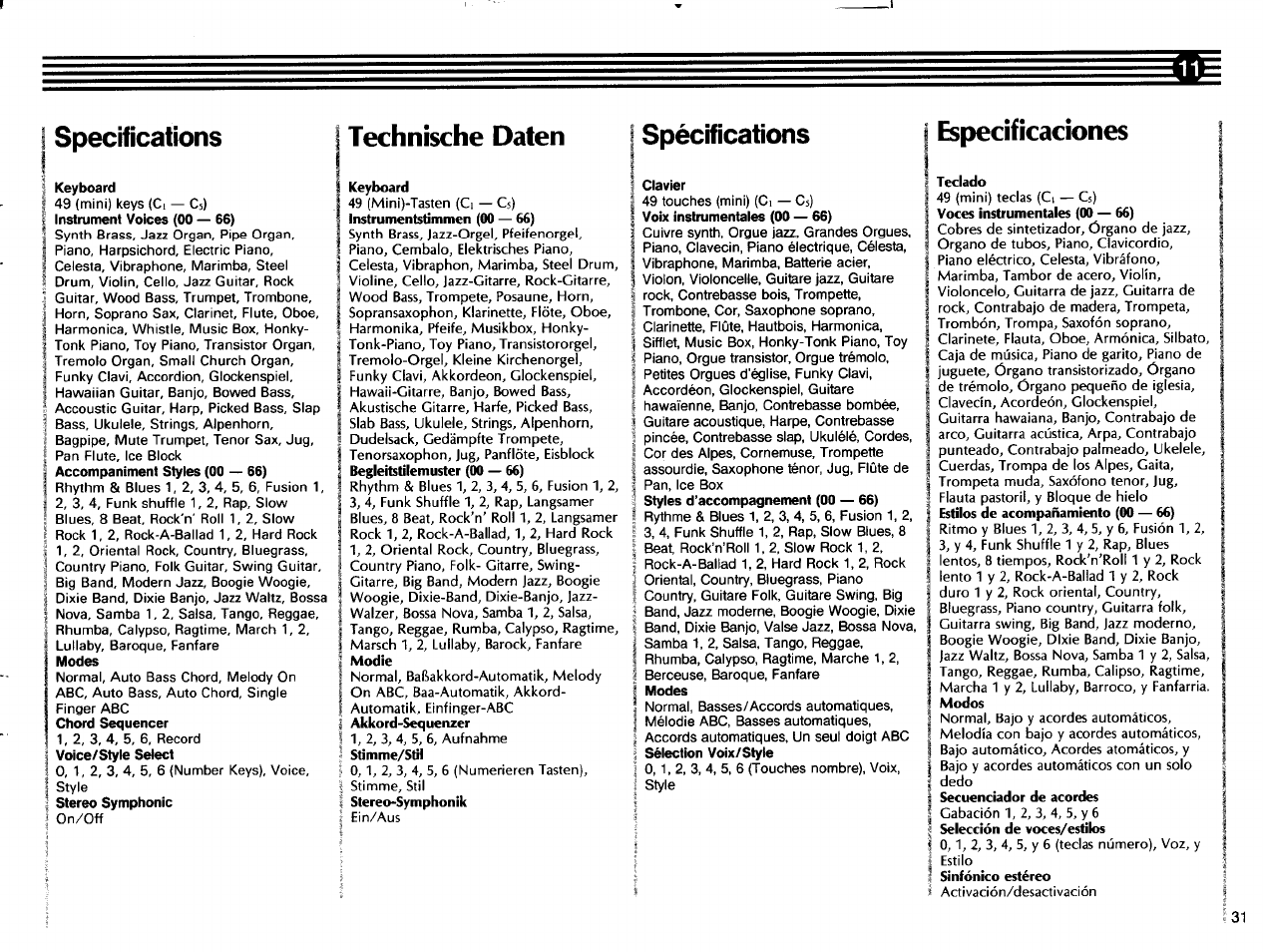 Keyboard, Technische daten, Clavier | Especificaciones, Teclado, Specifications, Spécifications | Yamaha SHS-200 User Manual | Page 33 / 40