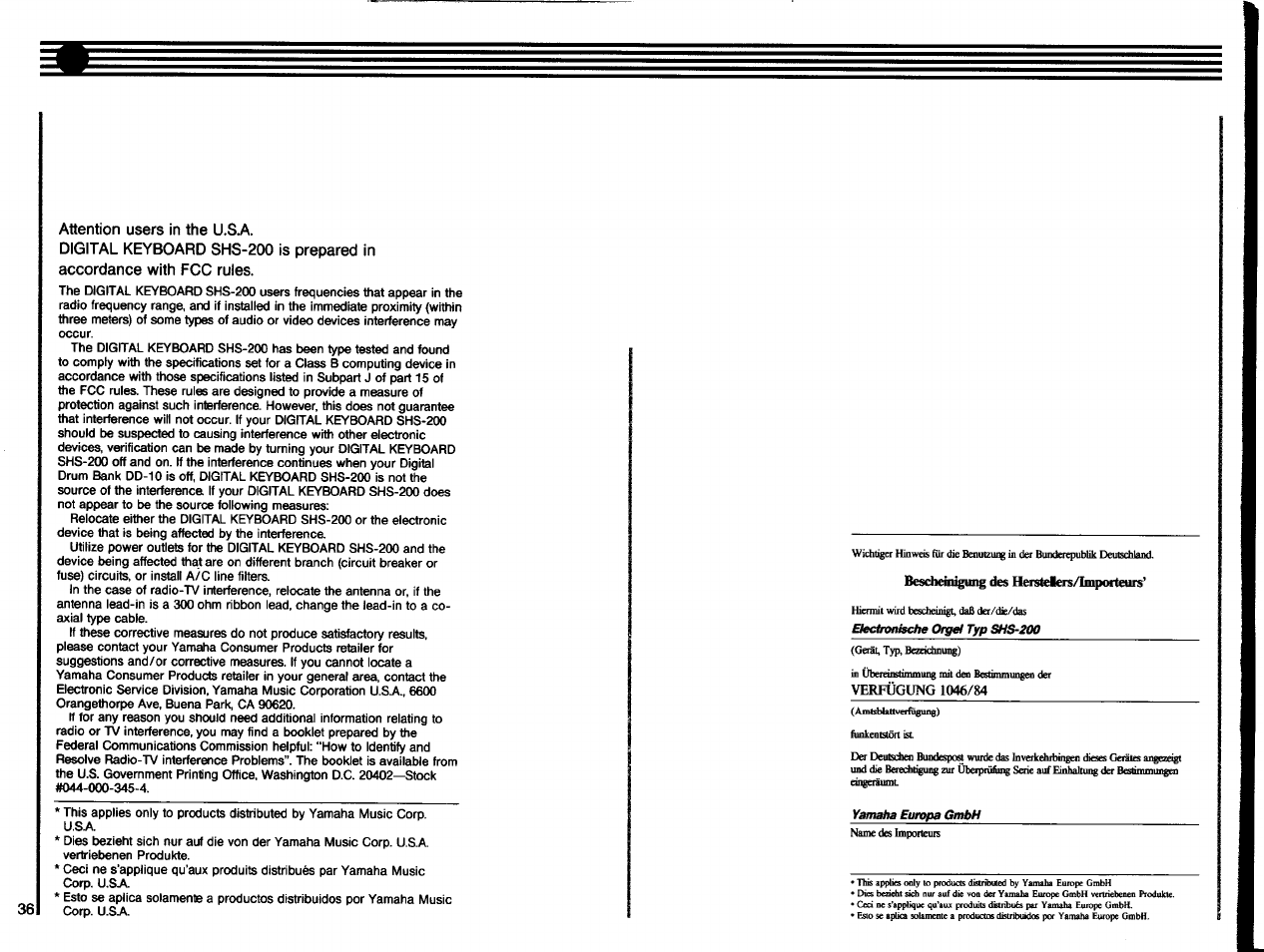 Attention users in the u.s.a, Beschenügimg des herstelers/importeurs | Yamaha SHS-200 User Manual | Page 38 / 40