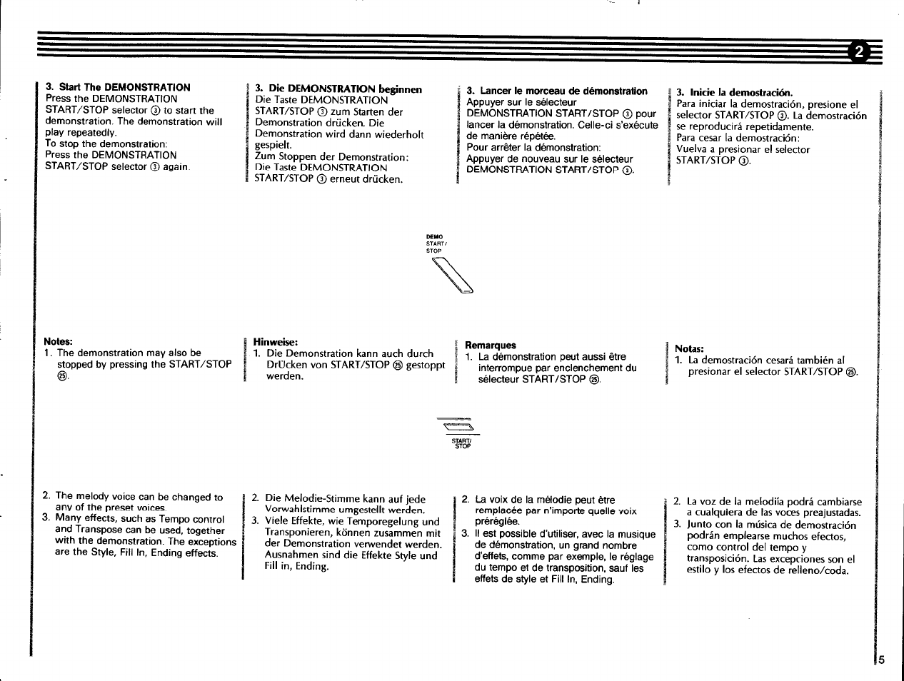 Start the demonstration, Notes, Die demonstration beginnen | Hinweise, Lancer le morceau de démonstration, Inicie la demostración, Remarques, Notas | Yamaha SHS-200 User Manual | Page 7 / 40