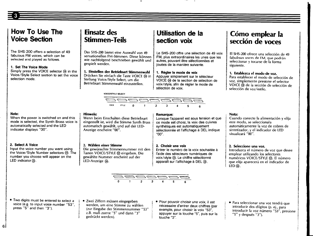 How to use the voice section, Set the voice mode, Note | Select a voice, Einstellen der betriebsart stimmenwahl, Utilisation de la section voix, Régler le mode de voix, Hinweis, Wählen einer stimme, Remarque | Yamaha SHS-200 User Manual | Page 8 / 40