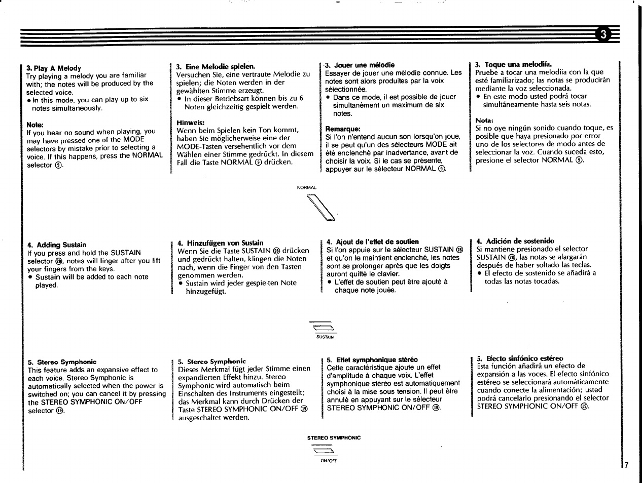 Play a melody, Note, Adding sustain | Eine melodie spielen, Hinweis, Hinzufügen von sustain, Jouer une mélodie, Remarque, Ajout de l’effet de soutien, Stereo symphonic | Yamaha SHS-200 User Manual | Page 9 / 40