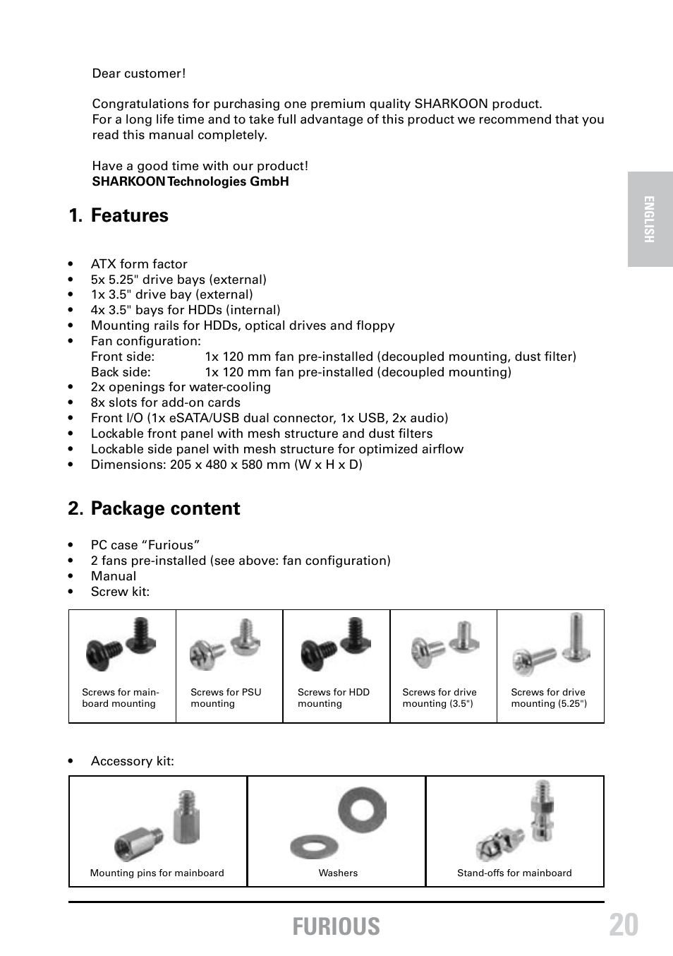 Furious, Features, Package content | SHARKOON Furious User Manual | Page 3 / 15