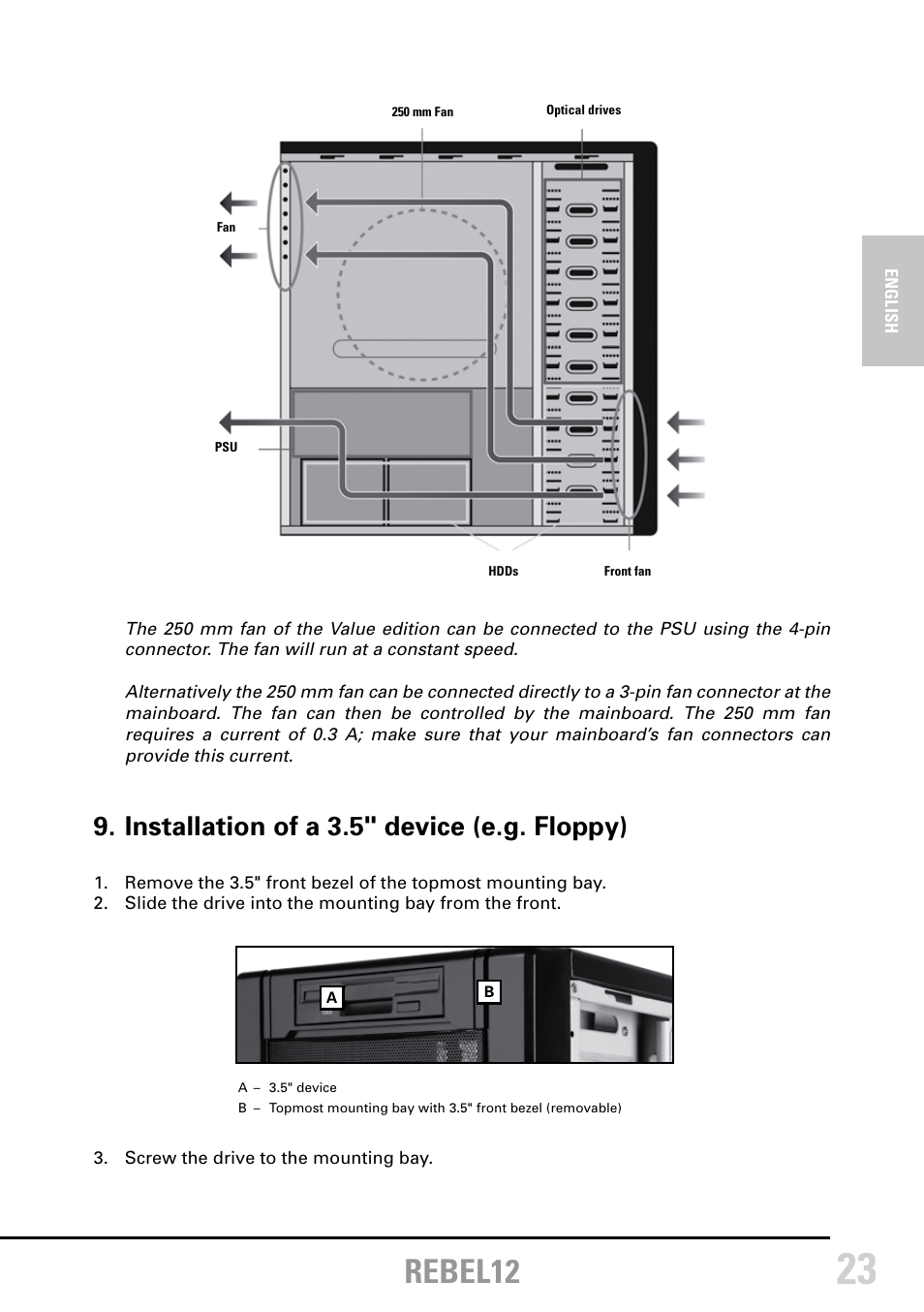 Rebel12, Installation of a 3.5" device (e.g. floppy) | SHARKOON Rebel12 Economy User Manual | Page 10 / 11