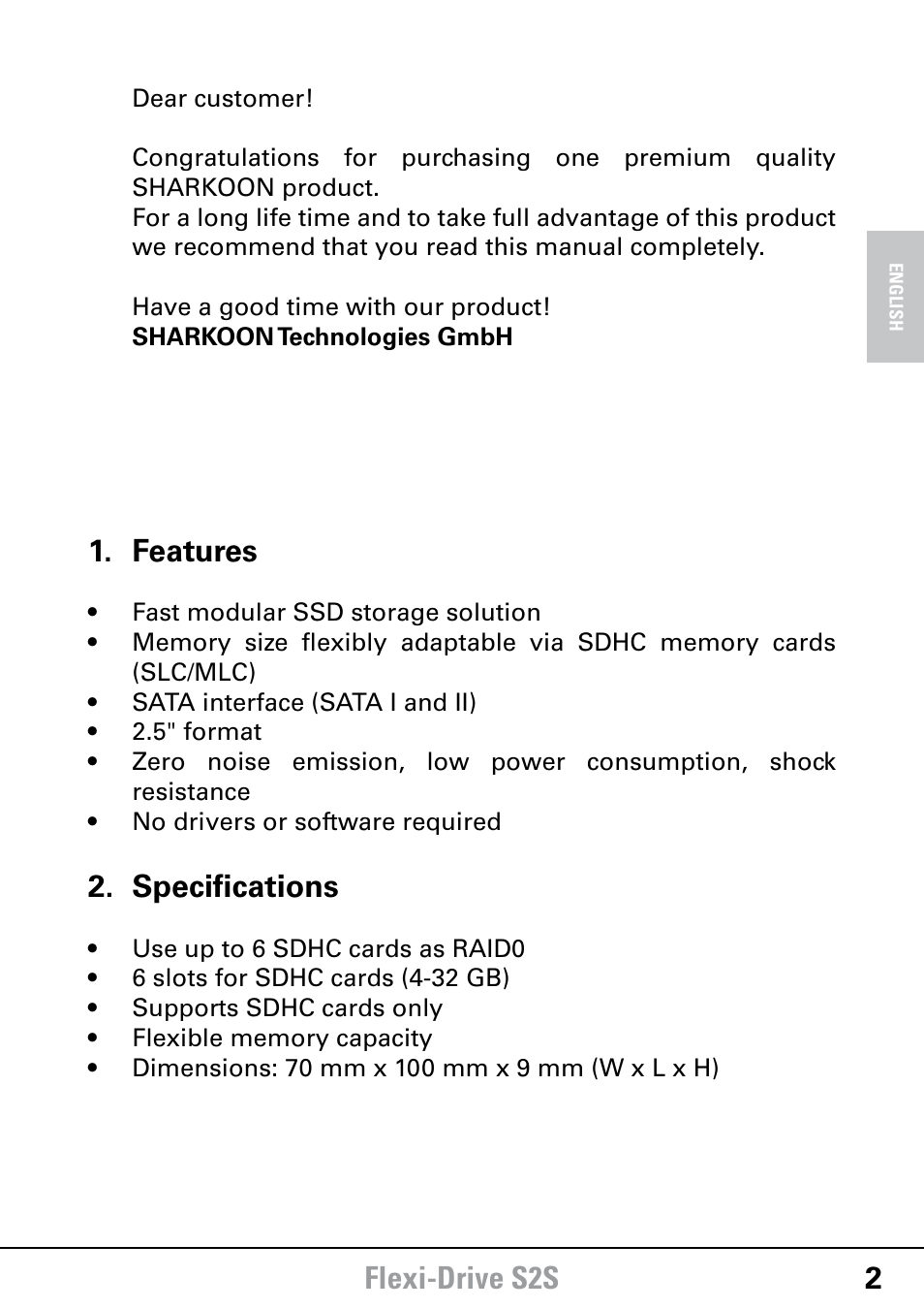 Flexi-drive s2s 2, Features, Specifications | SHARKOON Flexi-Drive S2S User Manual | Page 3 / 7