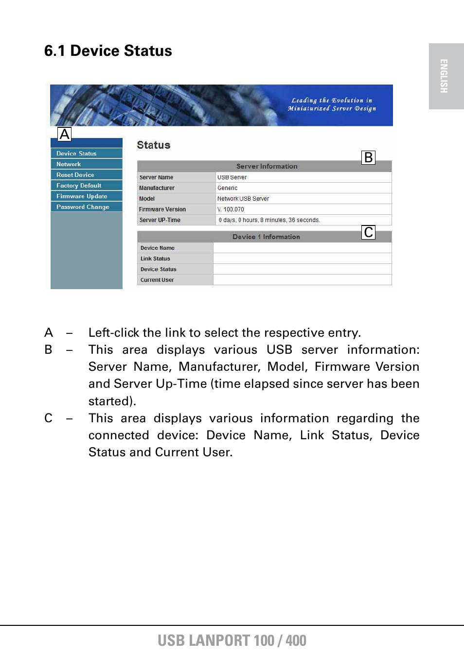 1 device status | SHARKOON USB LANPort 400 User Manual | Page 17 / 27
