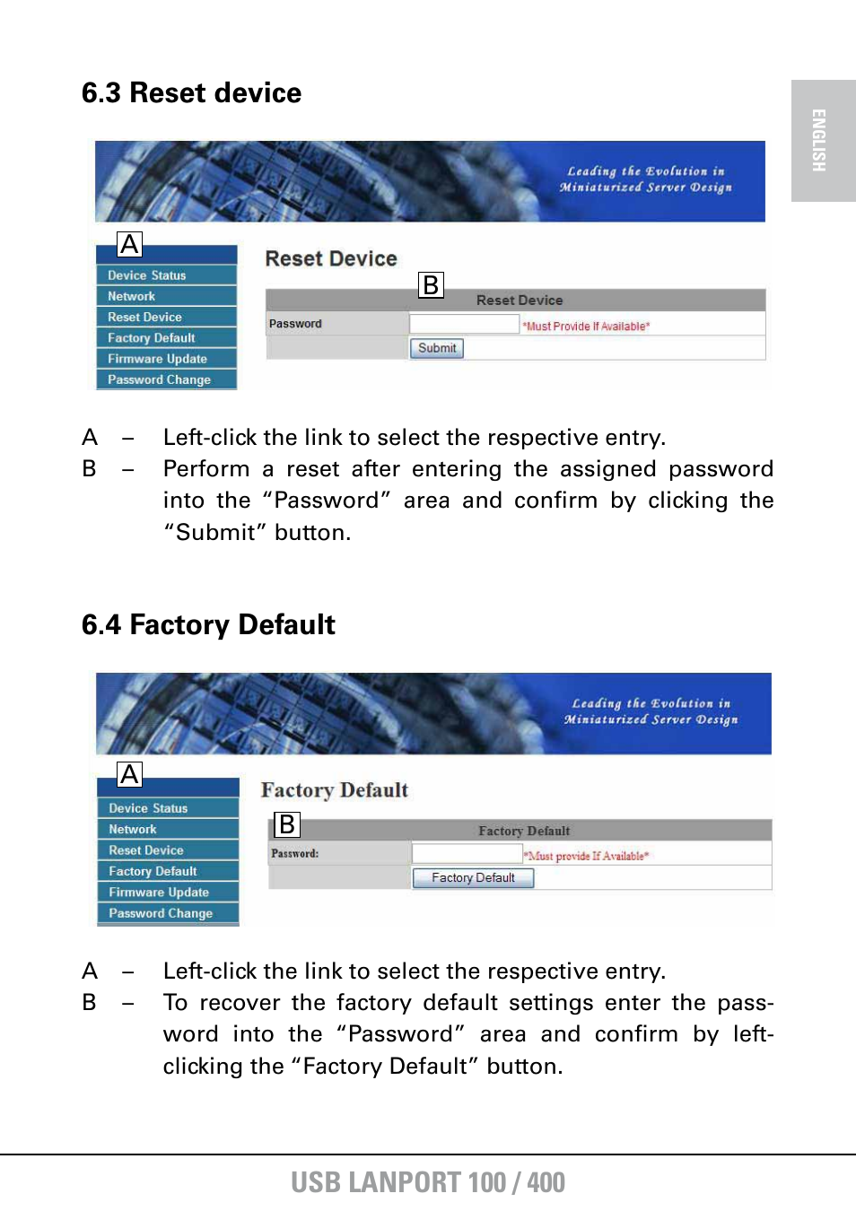 3 reset device, 4 factory default | SHARKOON USB LANPort 400 User Manual | Page 19 / 27