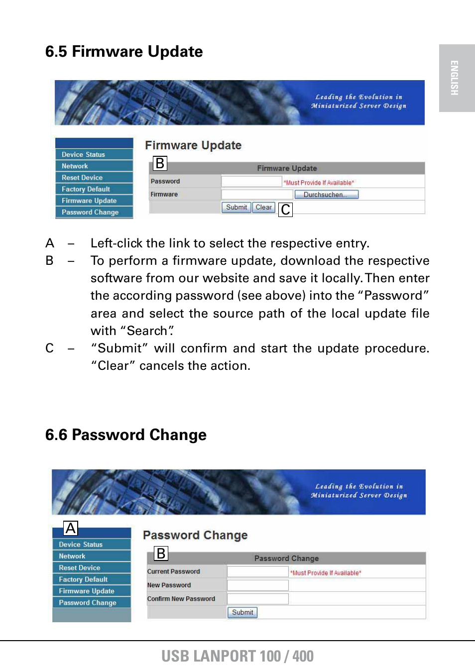 5 firmware update, 6 password change | SHARKOON USB LANPort 400 User Manual | Page 20 / 27