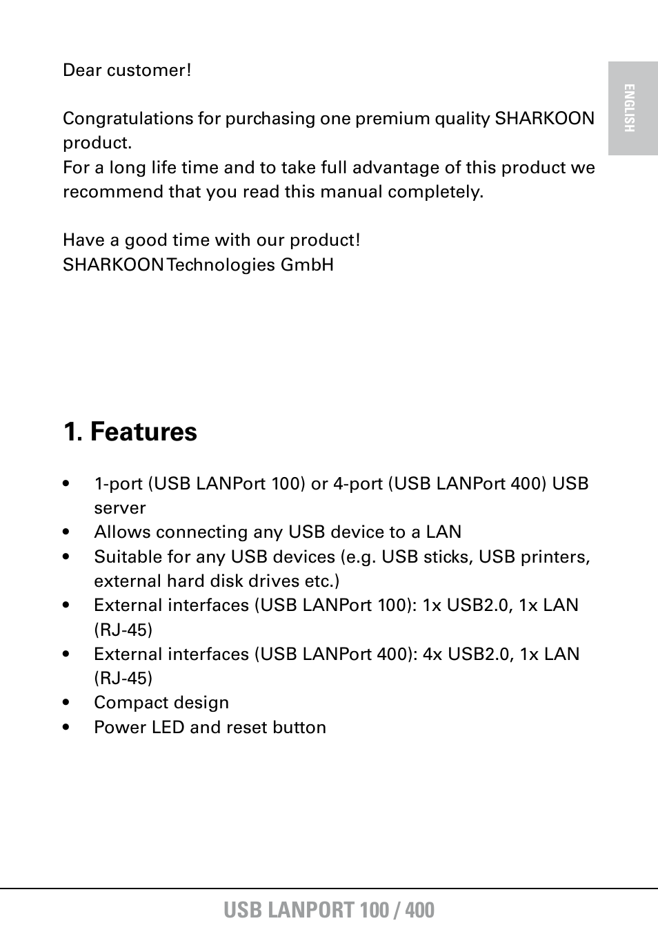 Features | SHARKOON USB LANPort 400 User Manual | Page 3 / 27