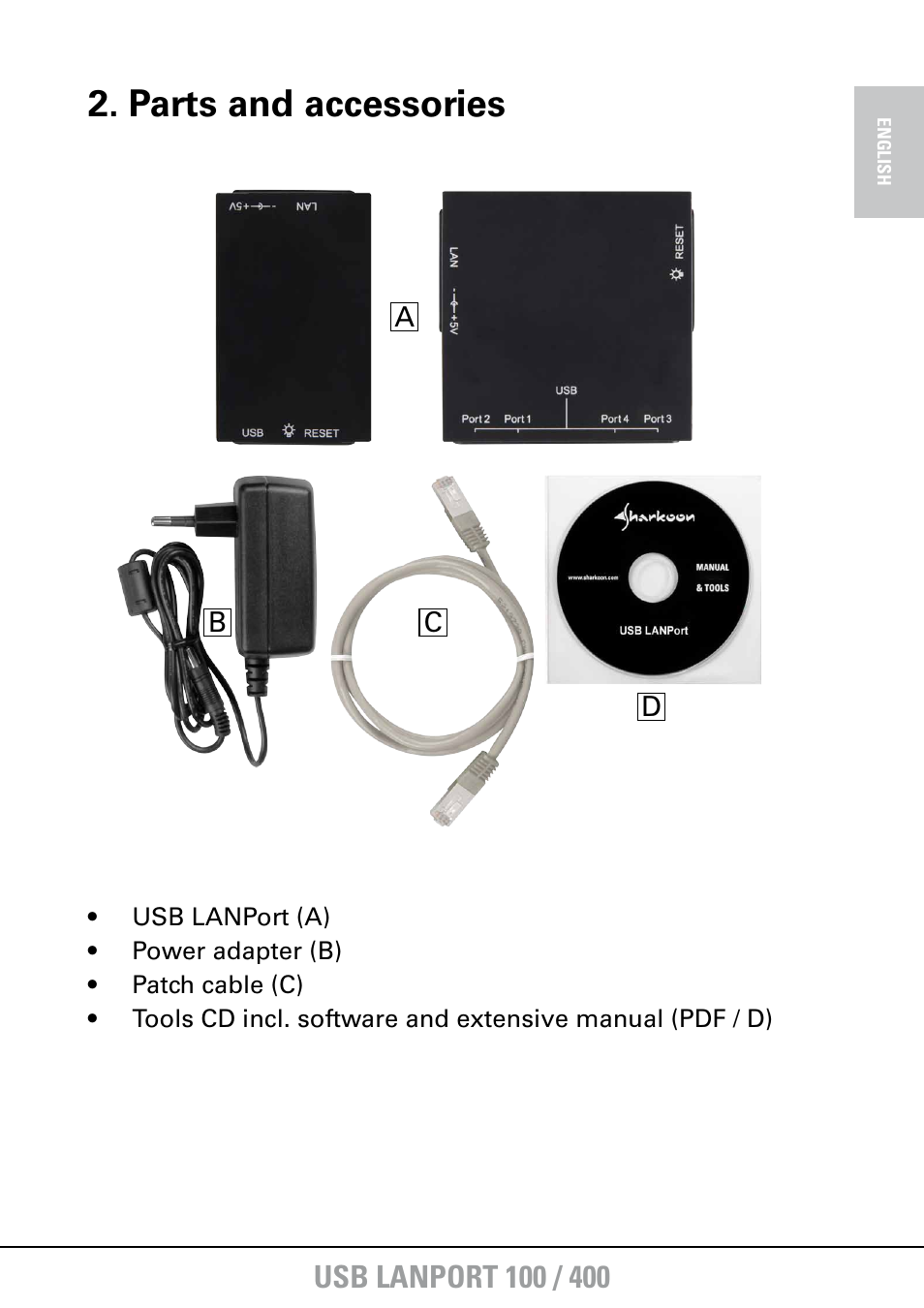 Parts and accessories | SHARKOON USB LANPort 400 User Manual | Page 4 / 27