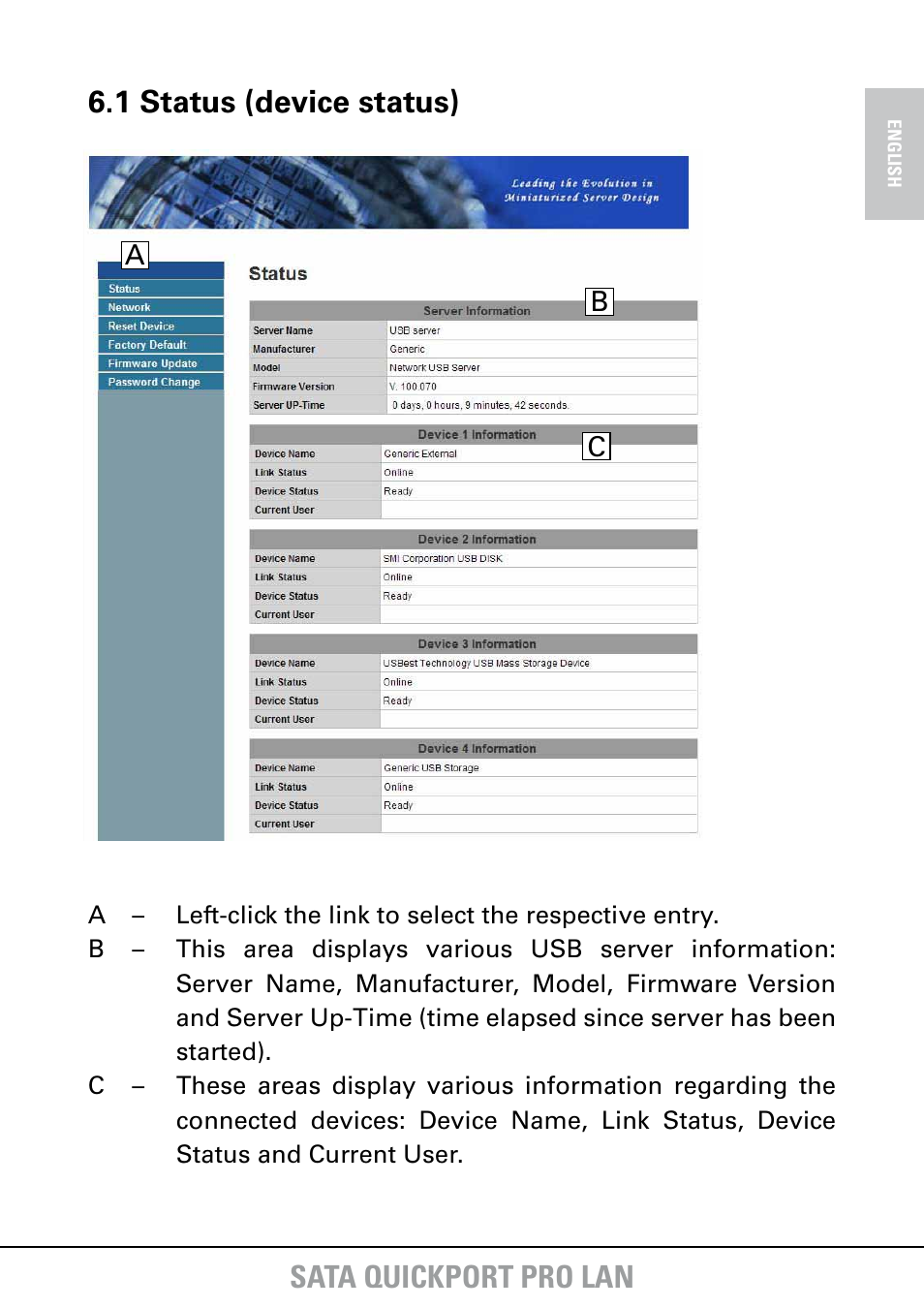 Sata quickport pro lan, 1 status (device status) | SHARKOON SATA QuickPort Pro LAN User Manual | Page 19 / 27