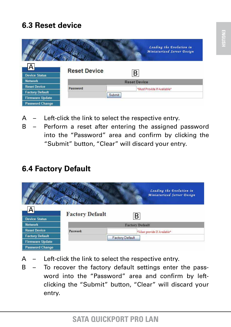 Sata quickport pro lan, 3 reset device, 4 factory default | SHARKOON SATA QuickPort Pro LAN User Manual | Page 21 / 27