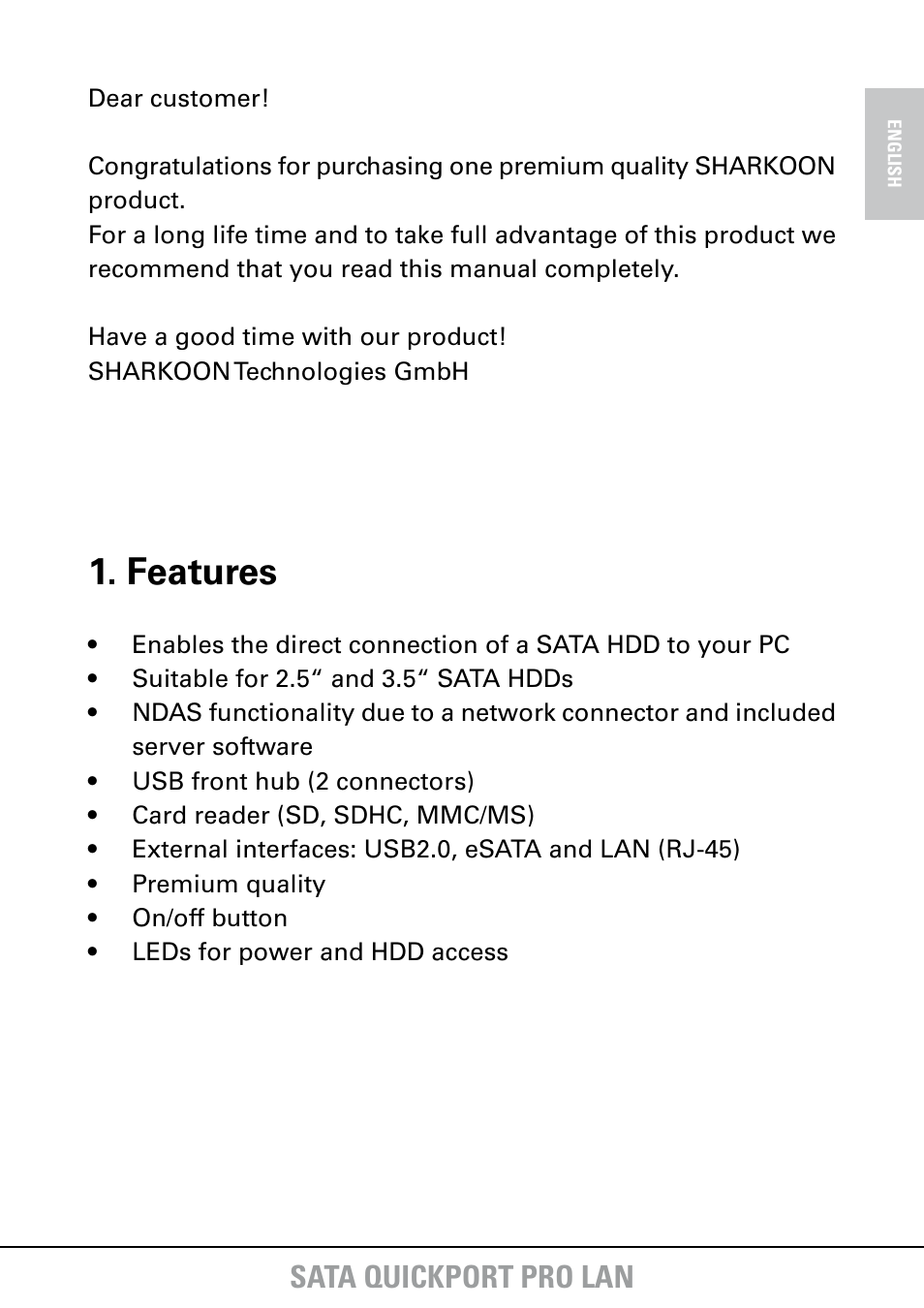 Features, Sata quickport pro lan | SHARKOON SATA QuickPort Pro LAN User Manual | Page 3 / 27