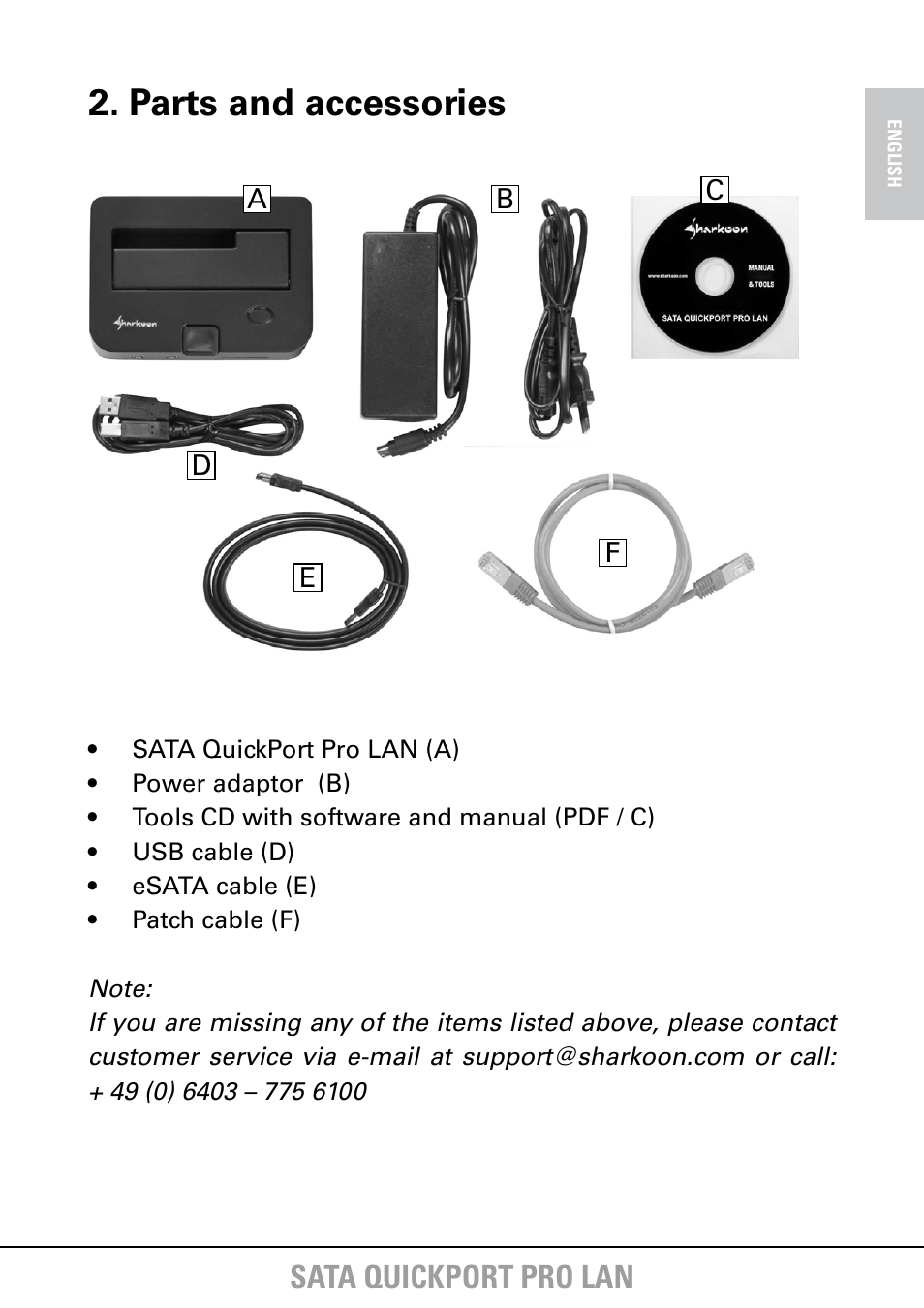 Parts and accessories | SHARKOON SATA QuickPort Pro LAN User Manual | Page 4 / 27