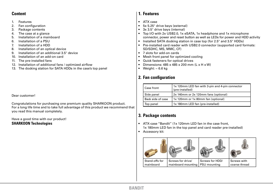 Bandit content, Features, Fan configuration | Package contents | SHARKOON Bandit User Manual | Page 2 / 12