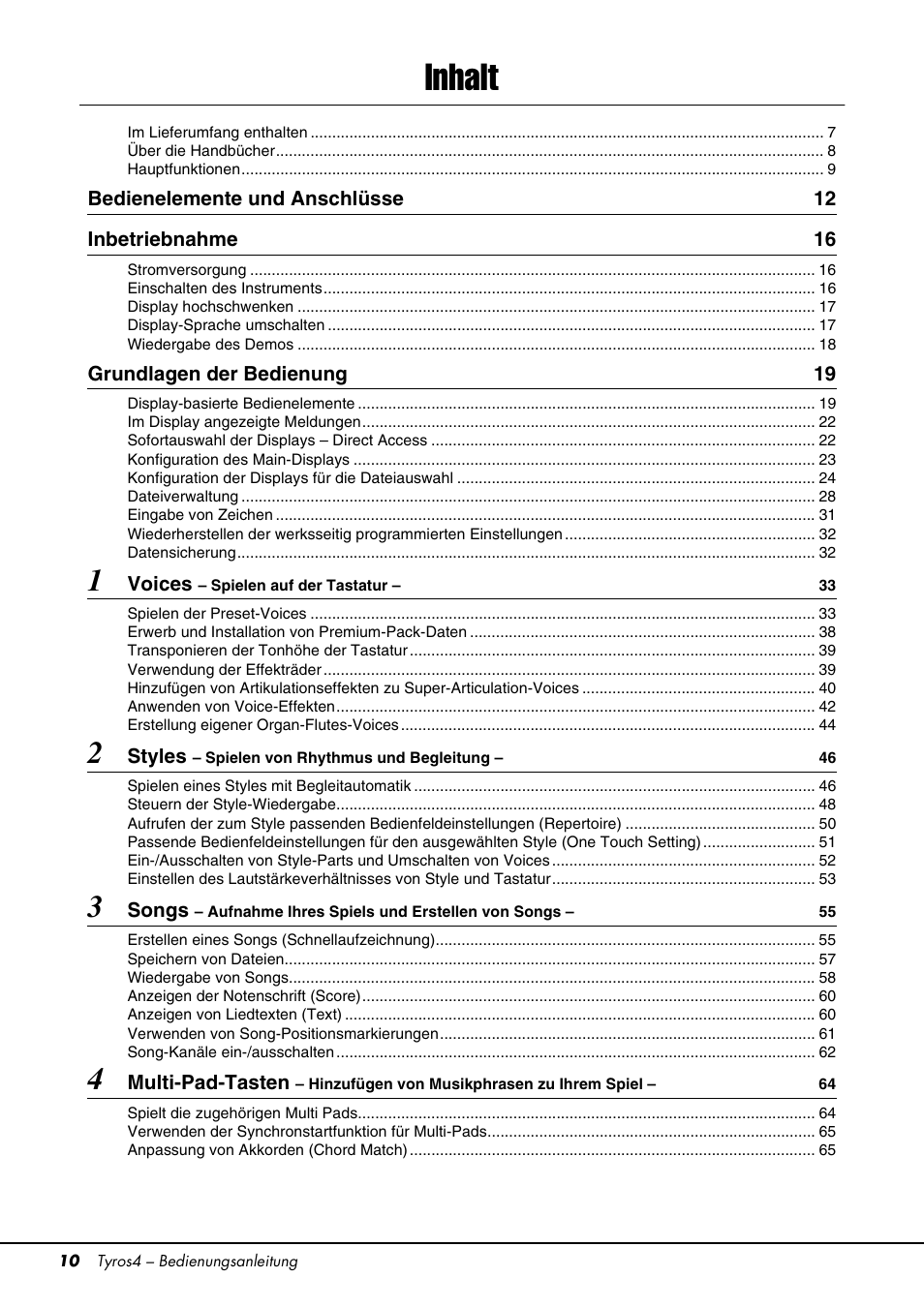 Inhalt | Yamaha Tyros4 User Manual | Page 10 / 126