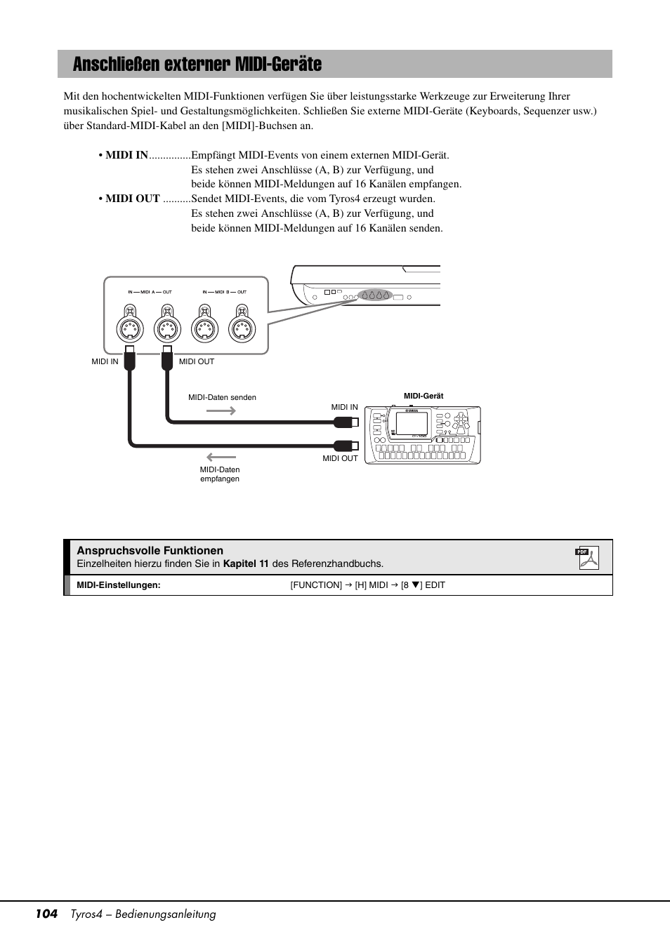 Anschließen externer midi-geräte, Te midi-einstellungen (seite 104), Seite 104 | Yamaha Tyros4 User Manual | Page 104 / 126
