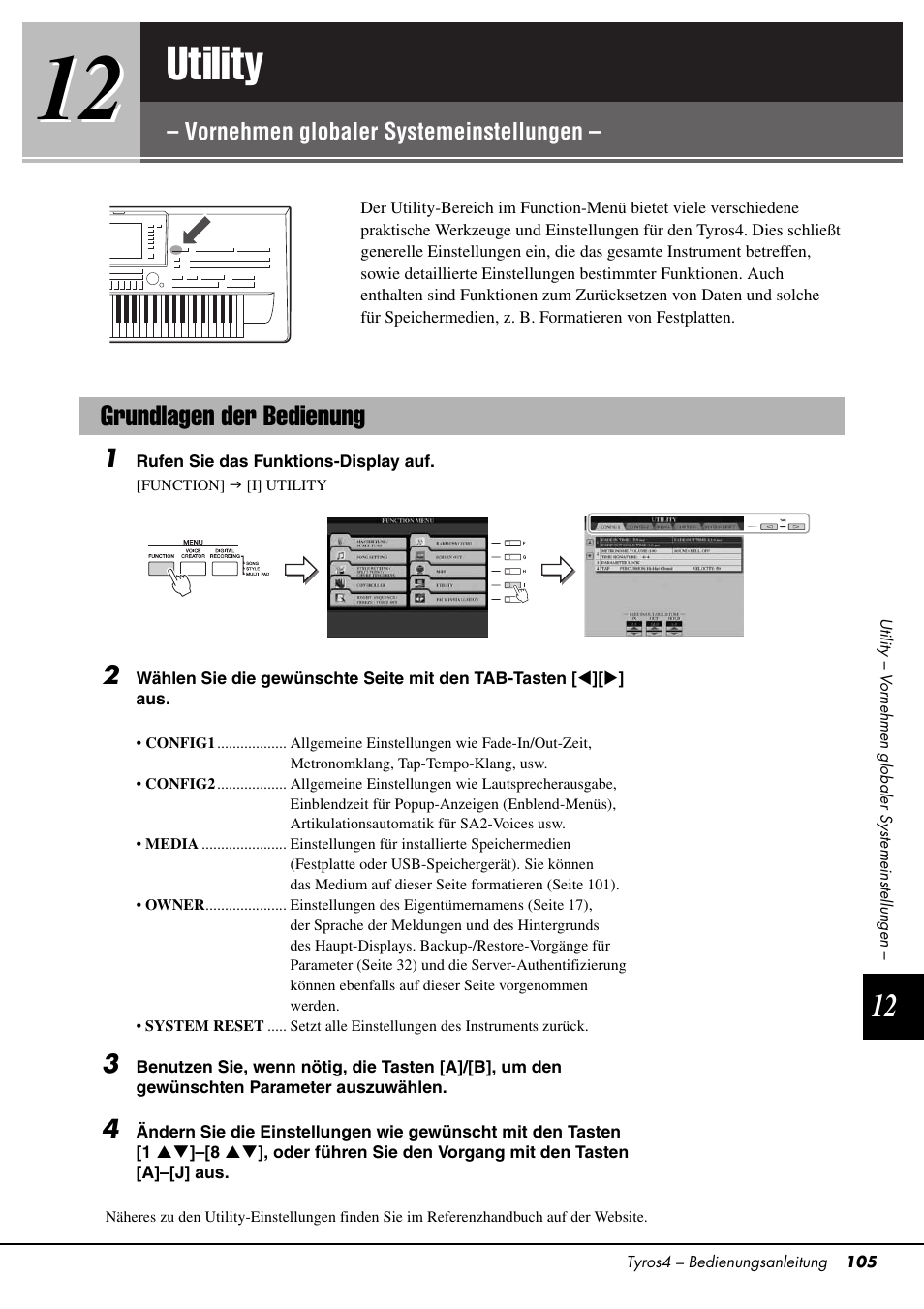 Grundlagen der bedienung, Utility, Vornehmen globaler systemeinstellungen | Yamaha Tyros4 User Manual | Page 105 / 126