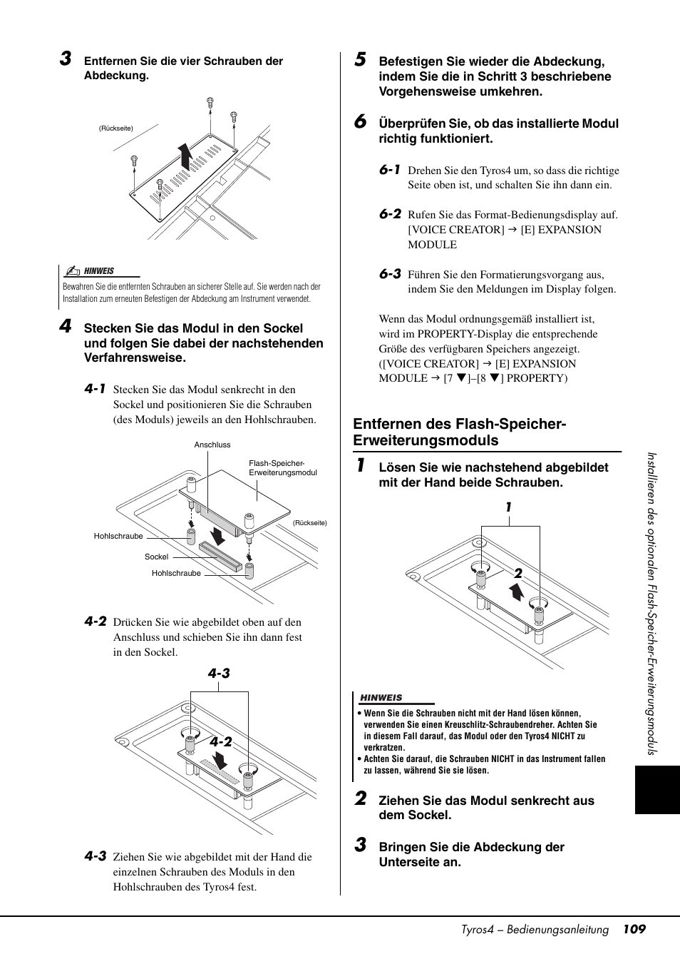 Entfernen des flash-speicher- erweiterungsmoduls | Yamaha Tyros4 User Manual | Page 109 / 126