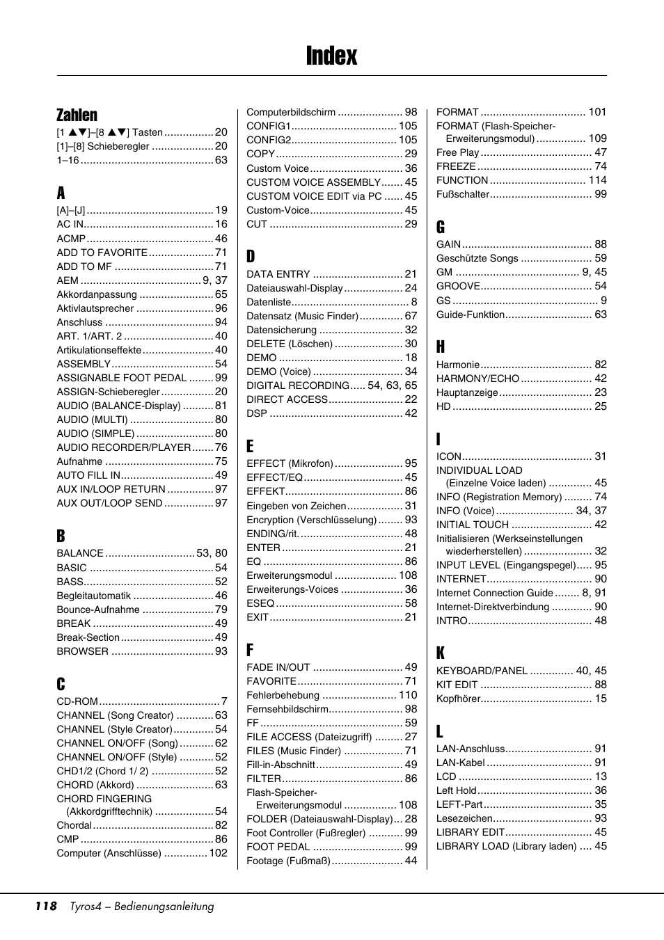 Index, Anhang, Zahlen | Yamaha Tyros4 User Manual | Page 118 / 126