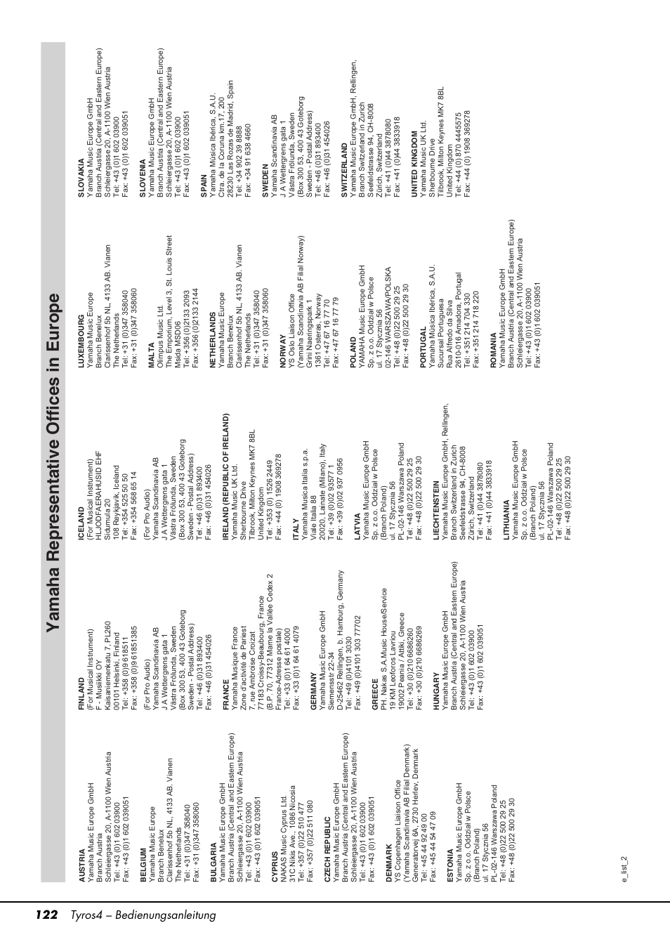 Yamaha representative offices in europe, 122 tyros4 – bedienungsanleitung | Yamaha Tyros4 User Manual | Page 122 / 126