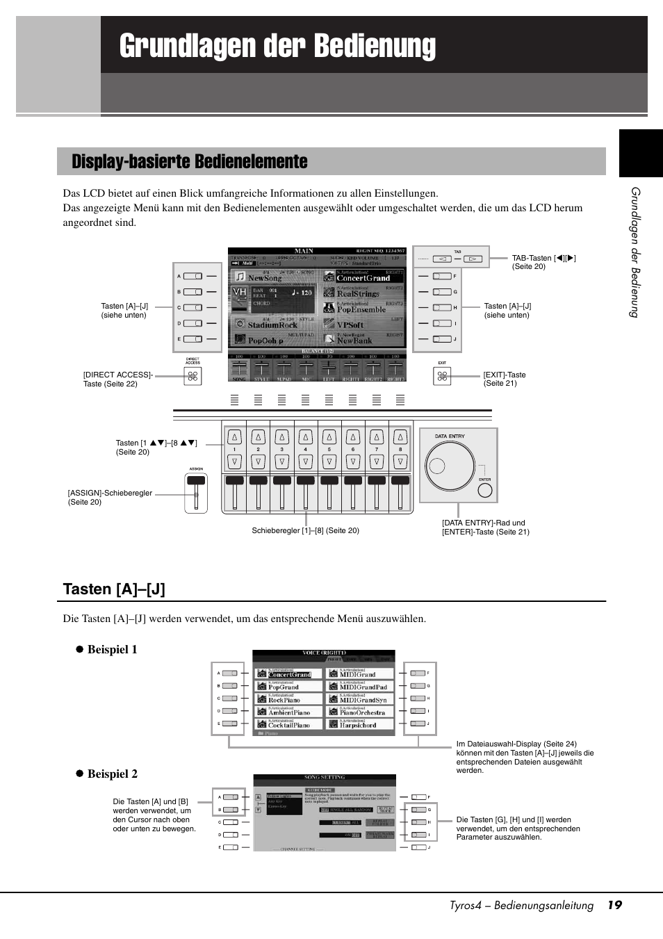 Grundlagen der bedienung, Display-basierte bedienelemente, Seite 19 | Tasten [a]–[j | Yamaha Tyros4 User Manual | Page 19 / 126