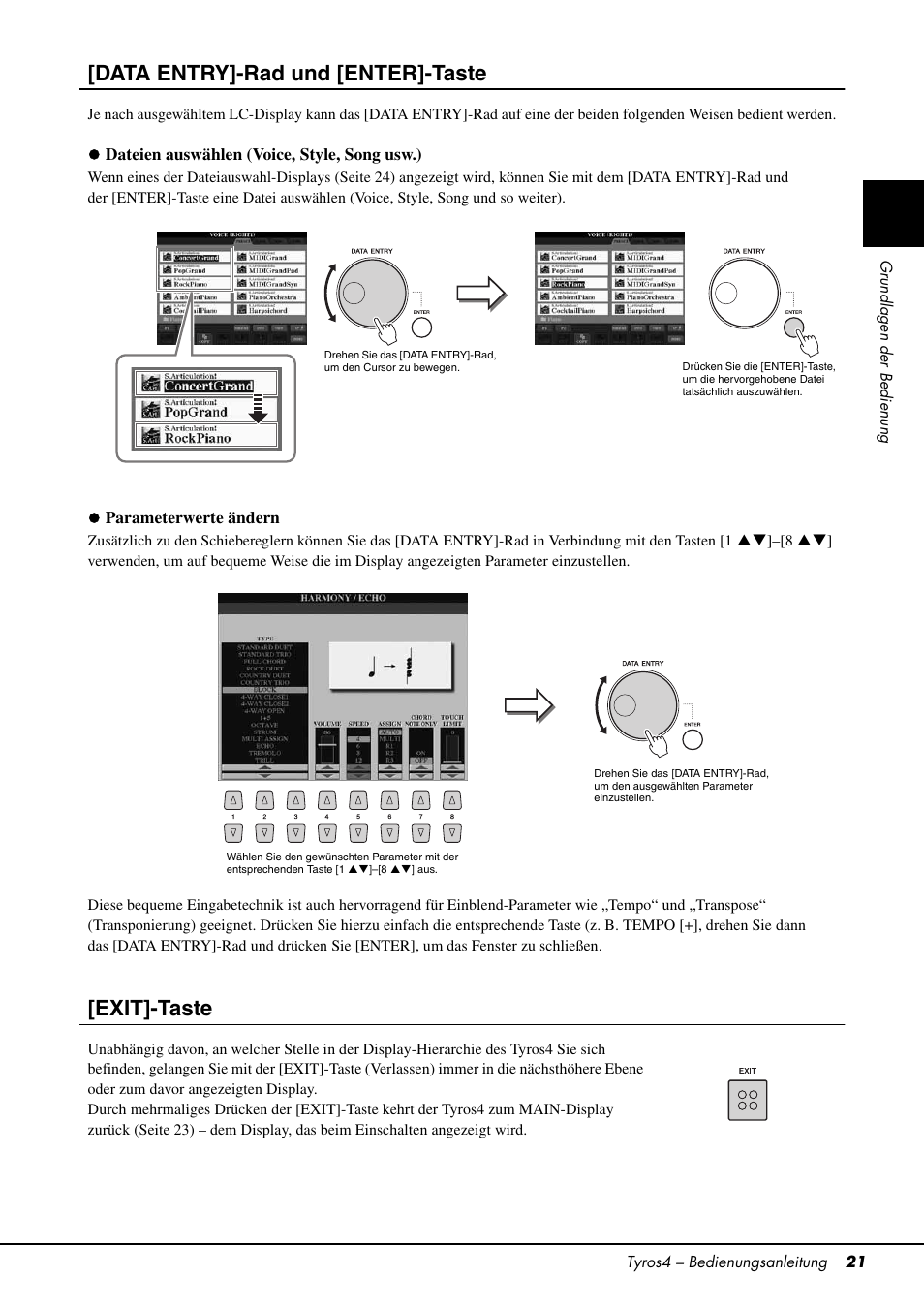 Seite 21), E (seite 21), Data entry]-rad und [enter]-taste | Exit]-taste | Yamaha Tyros4 User Manual | Page 21 / 126